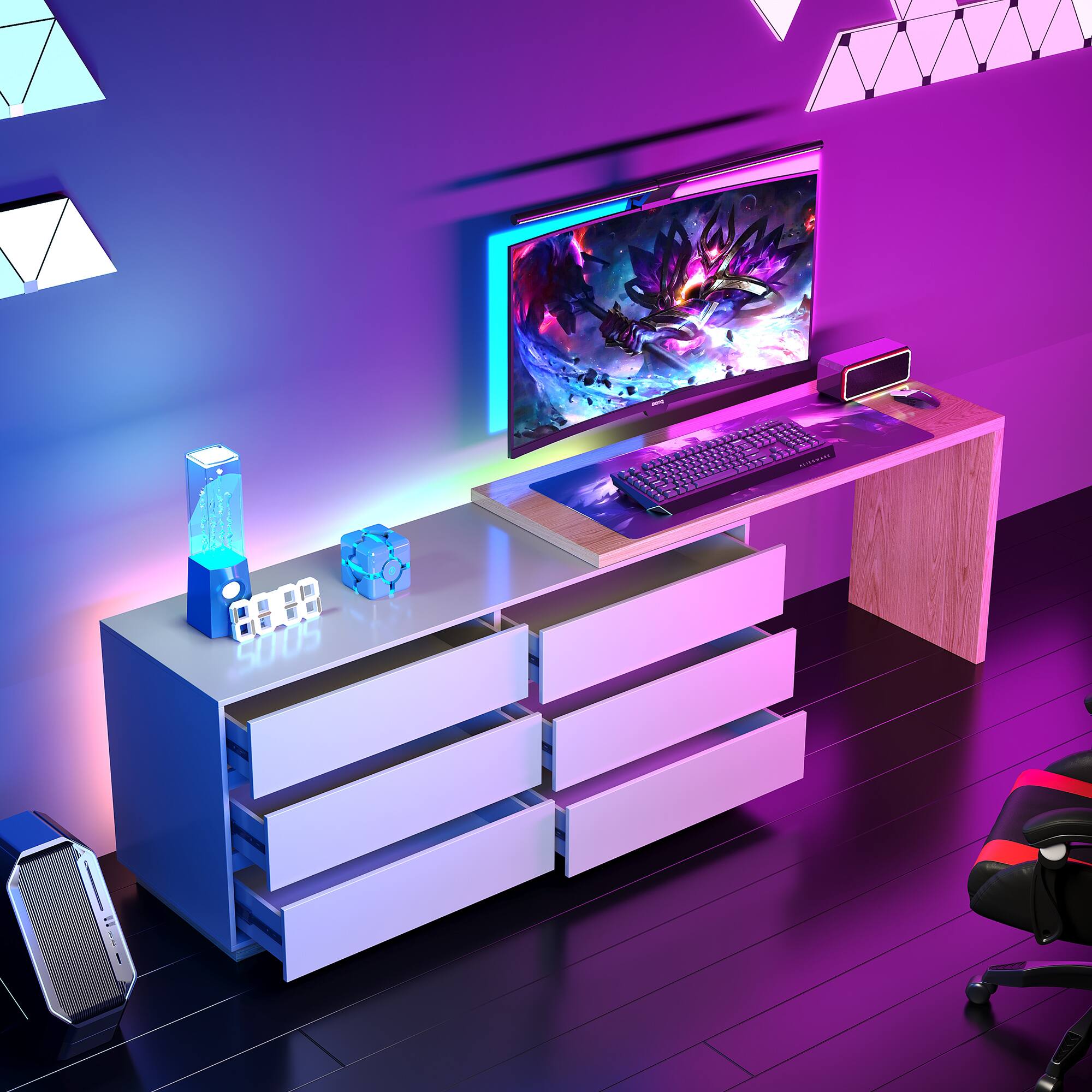 Alt View 1. luck idea - Retractable Desk, Dressing Table, Storage Cabinet - Natural wood color.