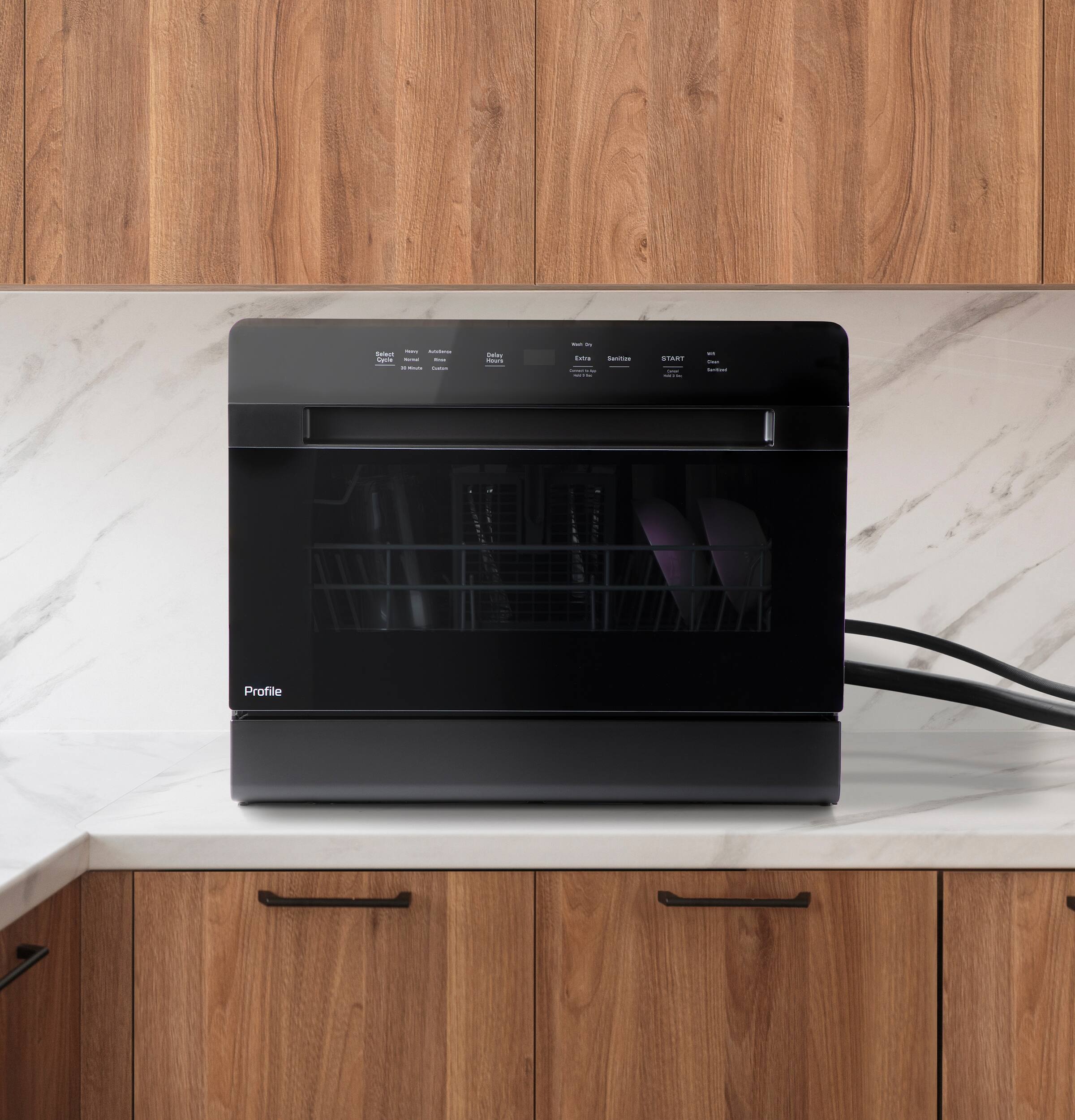 Sure, here is the corrected and grouped text from the image:

**Top Section:**
- Profile

**Control Panel:**
- Select your food
  - Pizza
  - Steak
  - START
    - 10 min
    - 20 min
    - 30 min
- Oven
  - Bake
  - Grill
  - Dehydrate
  - Broil
  - Convection
- Settings
  - Timer
  - Cancel
  - Extra
  - Settings
- Profile

**Bottom Section:**
- Profile