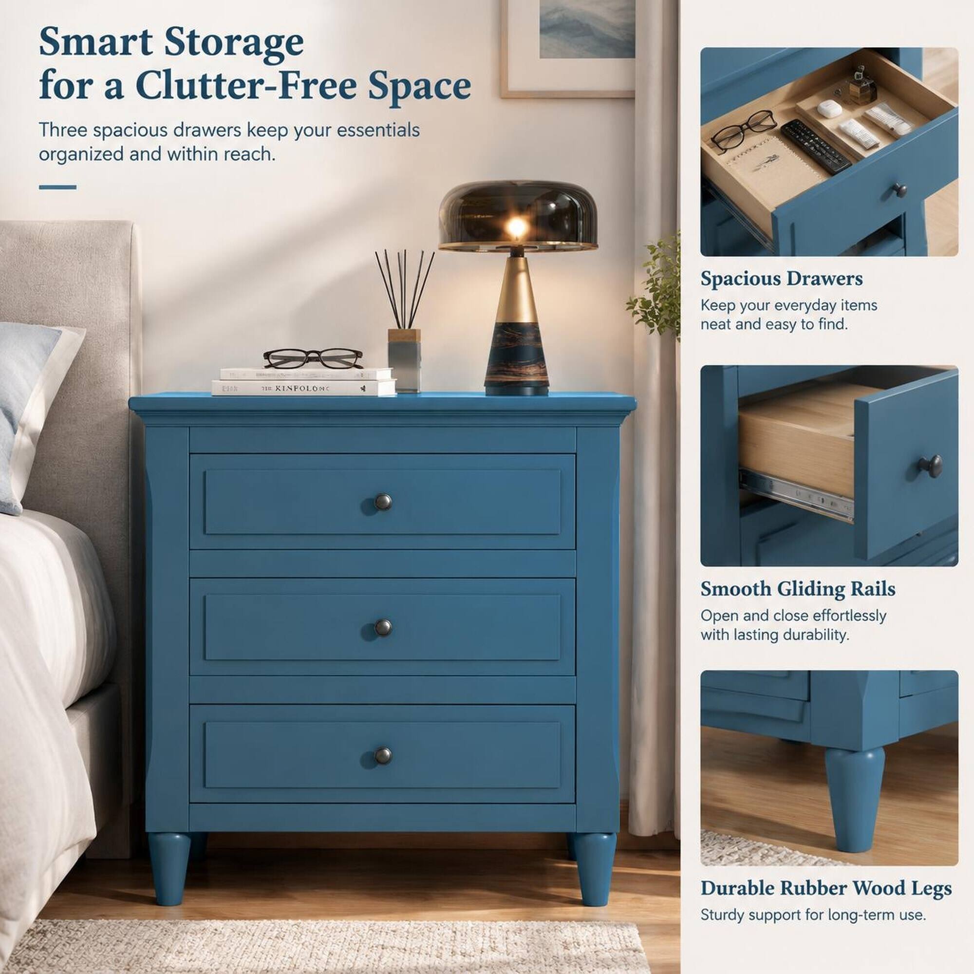 Smart Storage for a Clutter-Free Space  
Three spacious drawers keep your essentials organized and within reach.  
Spacious Drawers  
Keep your everyday items neat and easy to find.  
Smooth Gliding Rails  
Open and close effortlessly with lasting durability.  
Durable Rubber Wood Legs  
Sturdy support for long-term use.