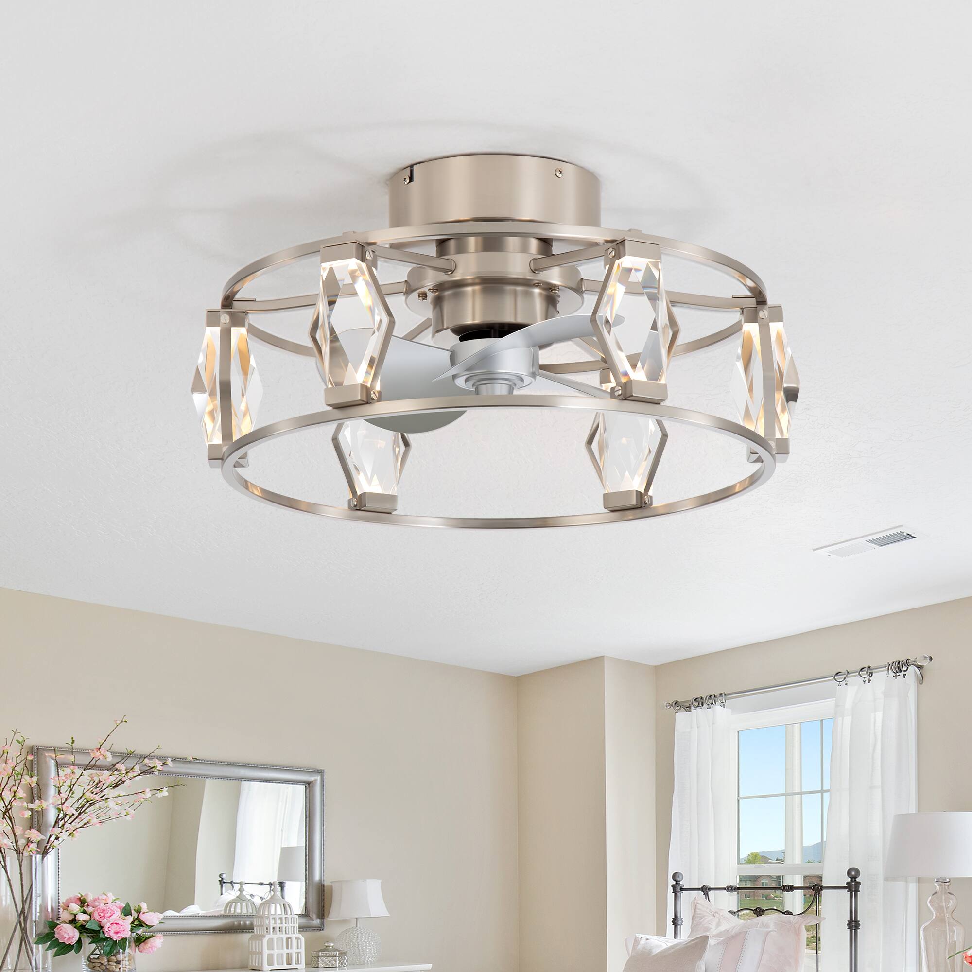 Back. Breezary - 20-Inch Indoor Flush Mount Caged Ceiling Fan with 3 ABS Blades, DC Motor, 6-Speed Remote Control, Timer, Modern Design - Satin Nickel and Silver.