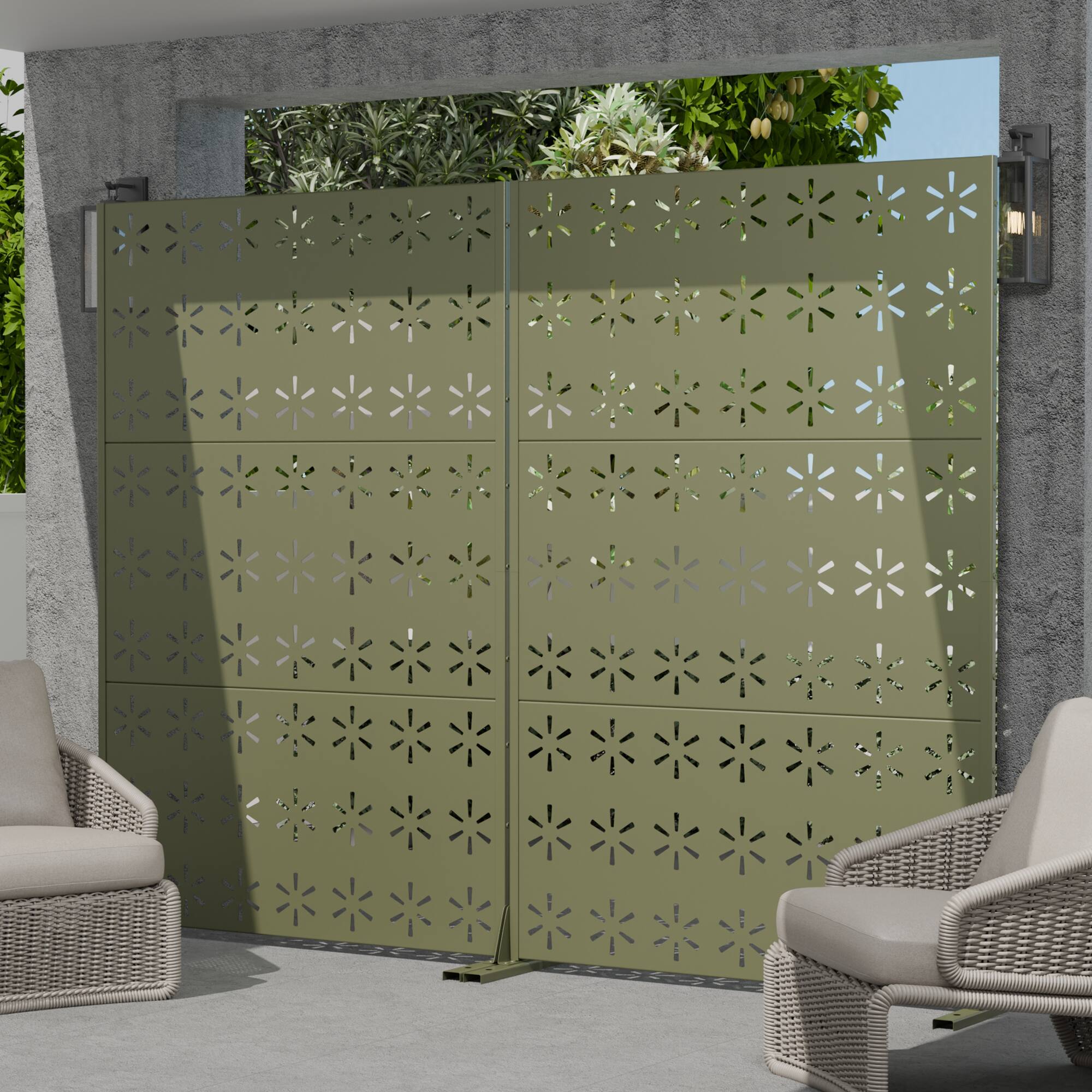 Alt View 2. PexFix - 72 in. x 47 in. Snow Pattern Metal Outdoor Privacy Screen & Panels, Freestanding Garden Divider Fence - Olive Gray.