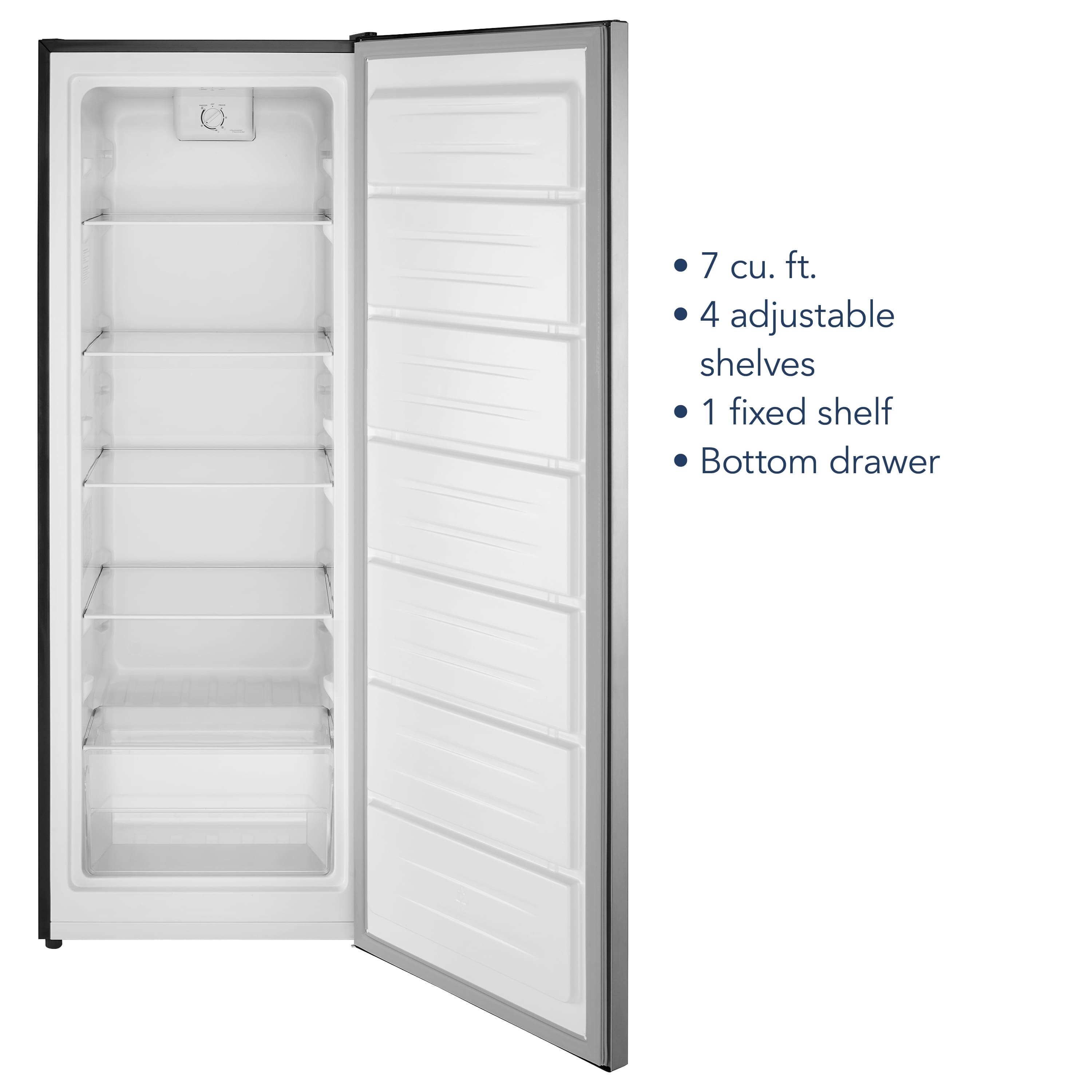 The text on the image reads: "7 cu. ft. 4 adjustable shelves 1 fixed shelf Bottom drawer."