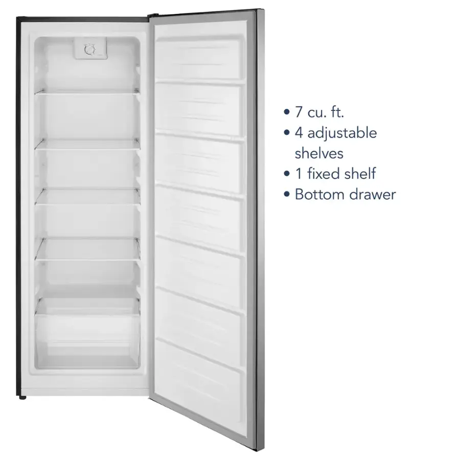 The text on the image reads: "7 cu. ft. 4 adjustable shelves 1 fixed shelf Bottom drawer."