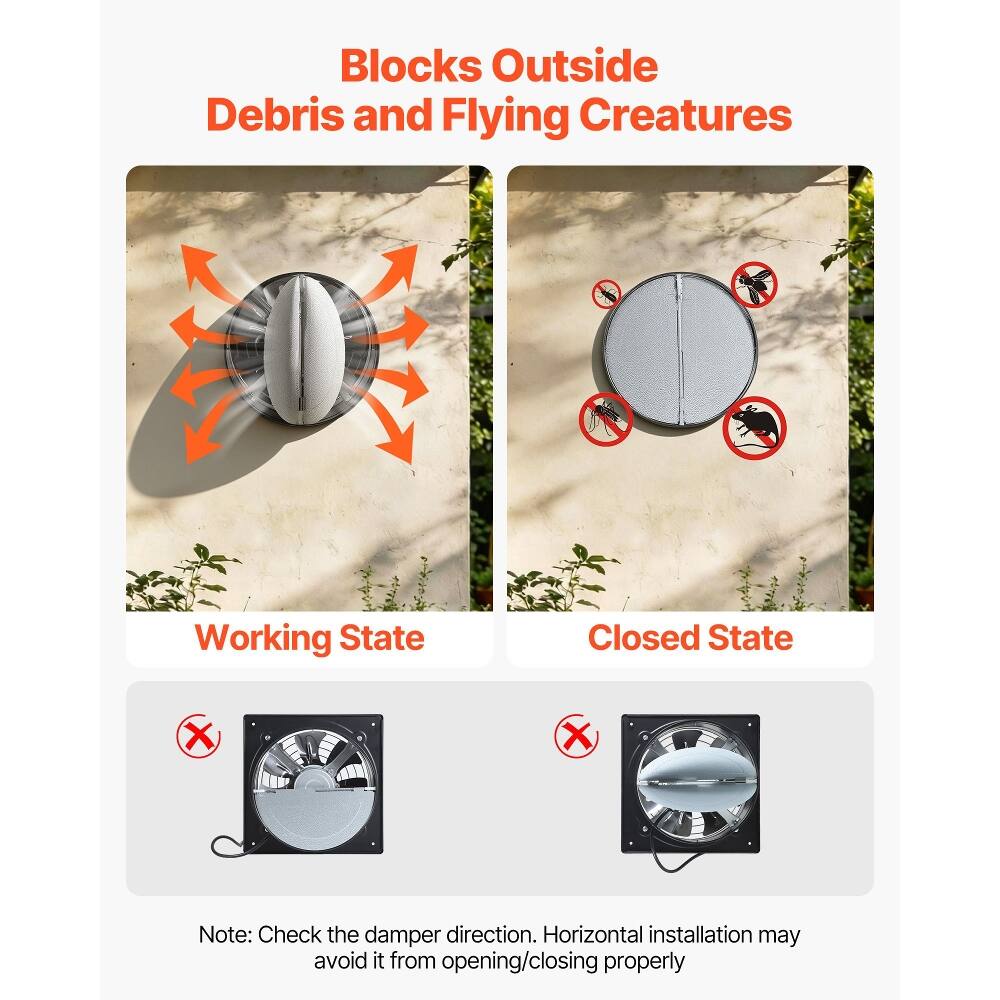 Blocks Outside Debris and Flying Creatures

Working State Closed State

Note: Check the damper direction. Horizontal installation may avoid it from opening/closing properly
