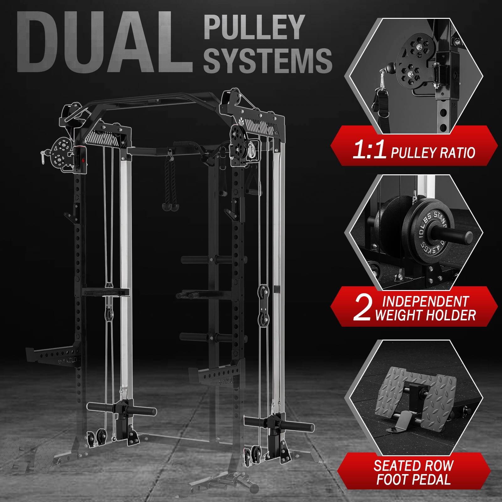 PULLEY DUAL SYSTEMS 1:1 PULLEY RATIO - 2 INDEPENDENT WEIGHT HOLDER SEATED ROW FOOT PEDAL