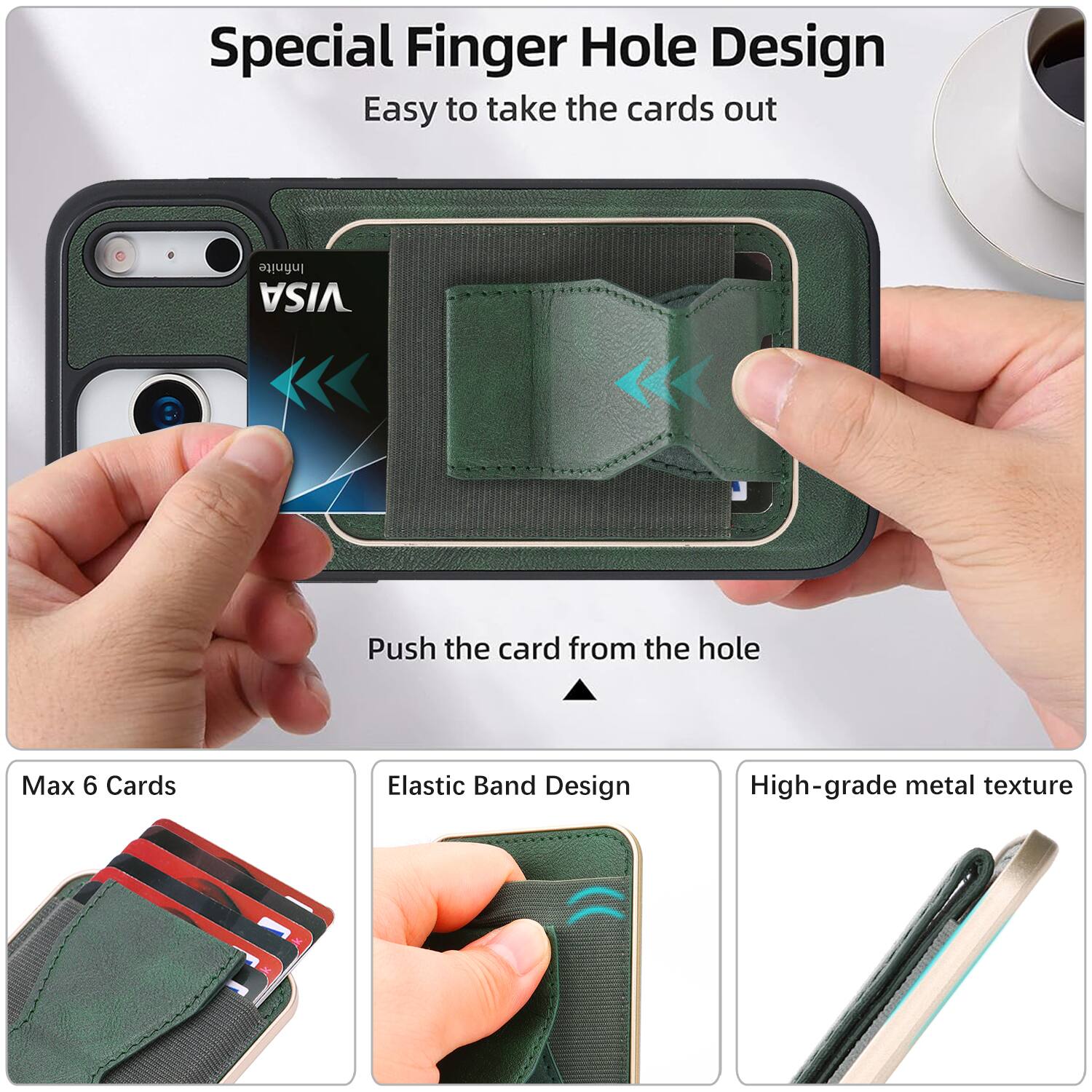 Special Finger Hole Design  
Easy to take the cards out  

Push the card from the hole  

Max 6 Cards  

Elastic Band Design  

High-grade metal texture