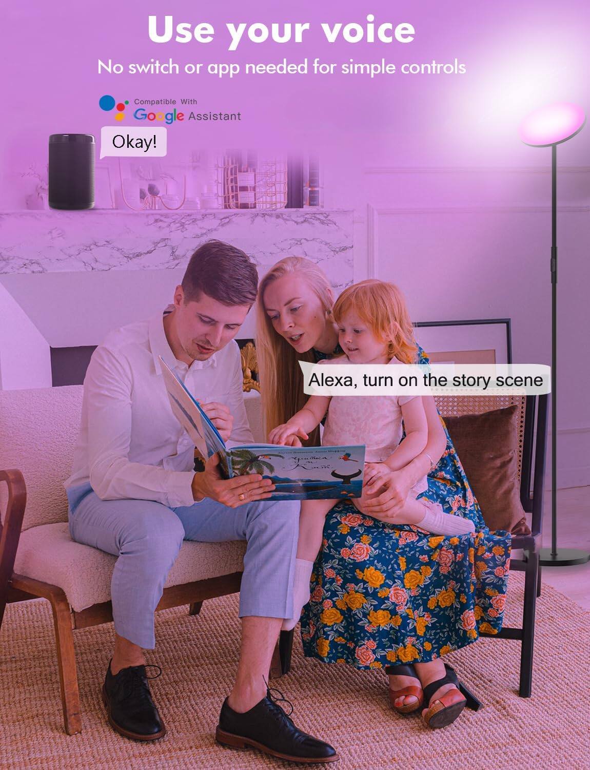 Use your voice  
No switch or app needed for simple controls  

Compatible With Google Assistant  

Okay!  

Alexa, turn on the story scene