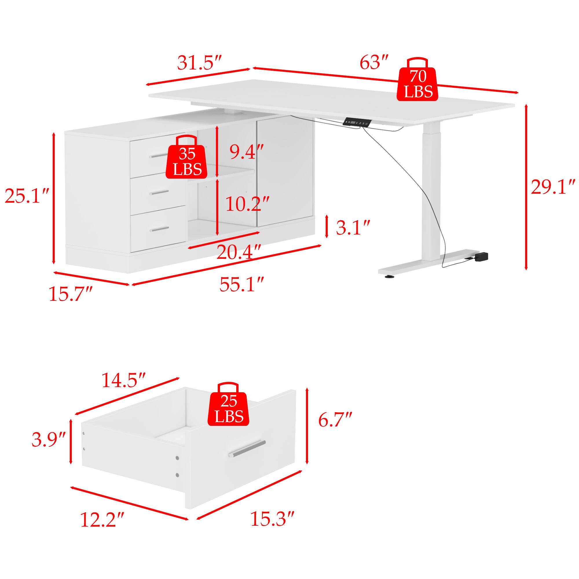 31.5", 63", 70 LBS, 25.1", 15.7", 35, 9.4" LBS, 10.2", 20.4", 55.1", 3.1", 29.1", 3.9", 14.5", 25 LBS, 6.7", 12.2", 15.3"