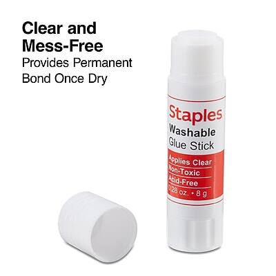 Clear and Mess-Free  
Provides Permanent Bond Once Dry  

Staples Washable Glue Stick  
Applies Clear  
Non-Toxic  
Acid-Free  
28 oz. - 8 g