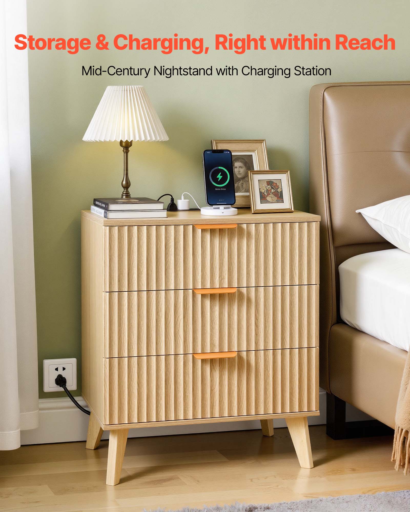 Storage & Charging, Right within Reach  
Mid-Century Nightstand with Charging Station