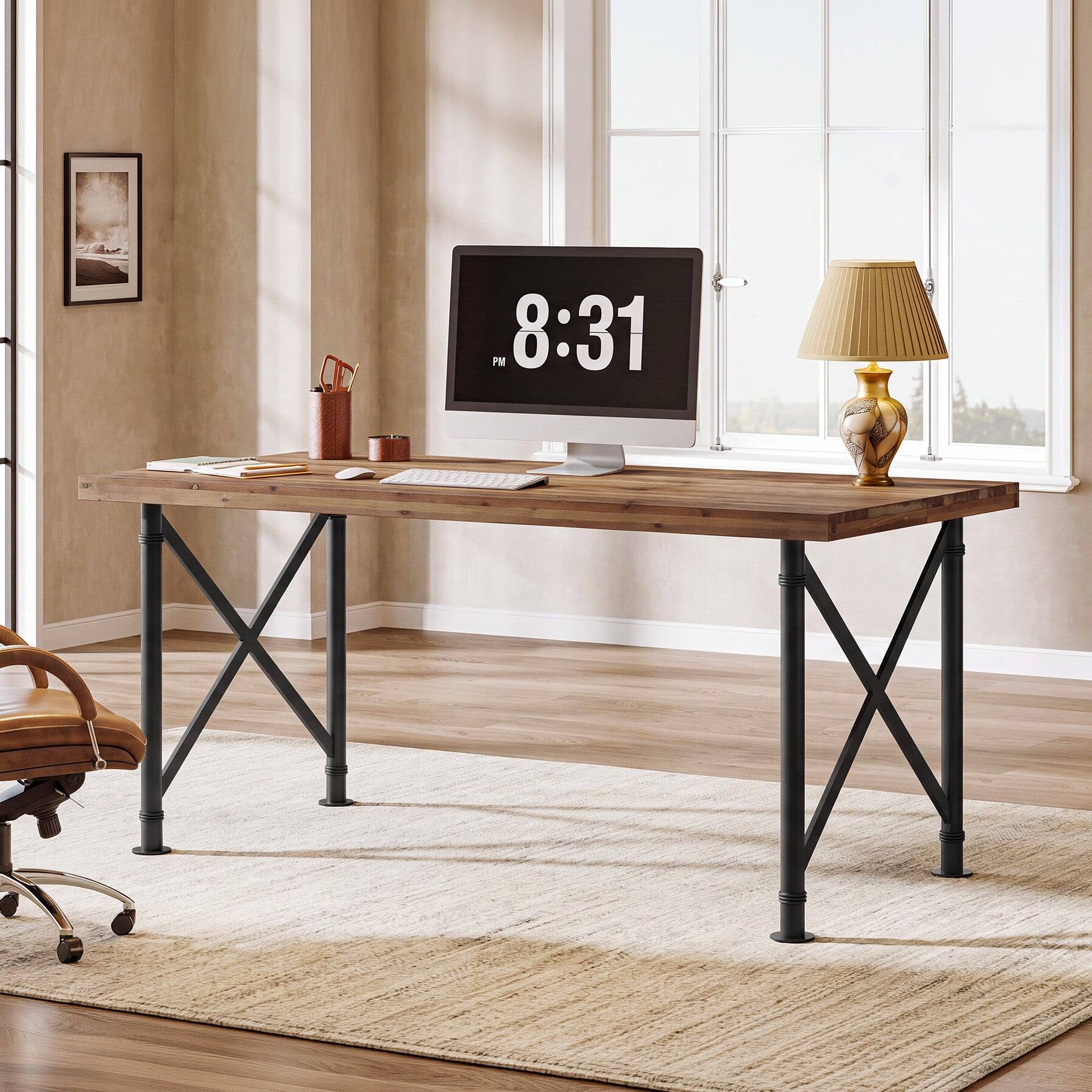 Alt View 3. Tribesigns - Office Executive Desk with Solid Wood Construction, Metal Frame, for Computer Work and Writing in Home Offices - Brown.