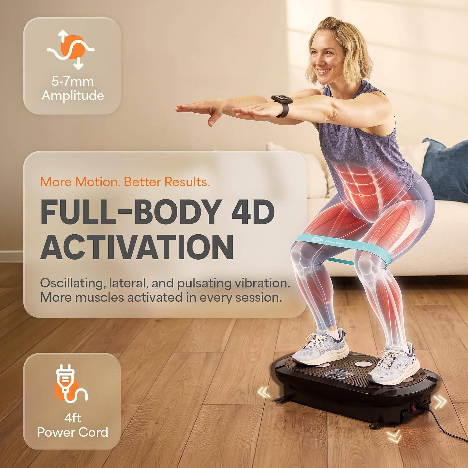 5-7mm Amplitude

More Motion. Better Results. FULL-BODY 4D ACTIVATION
Oscillating, lateral, and pulsating vibration. More muscles activated in every session.

lifepro

4ft Power Cord