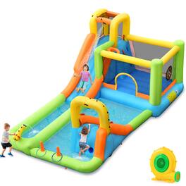 Costway - Inflatable Water Slide Park Bounce House Splash Pool with 750W Blower - Multicolor