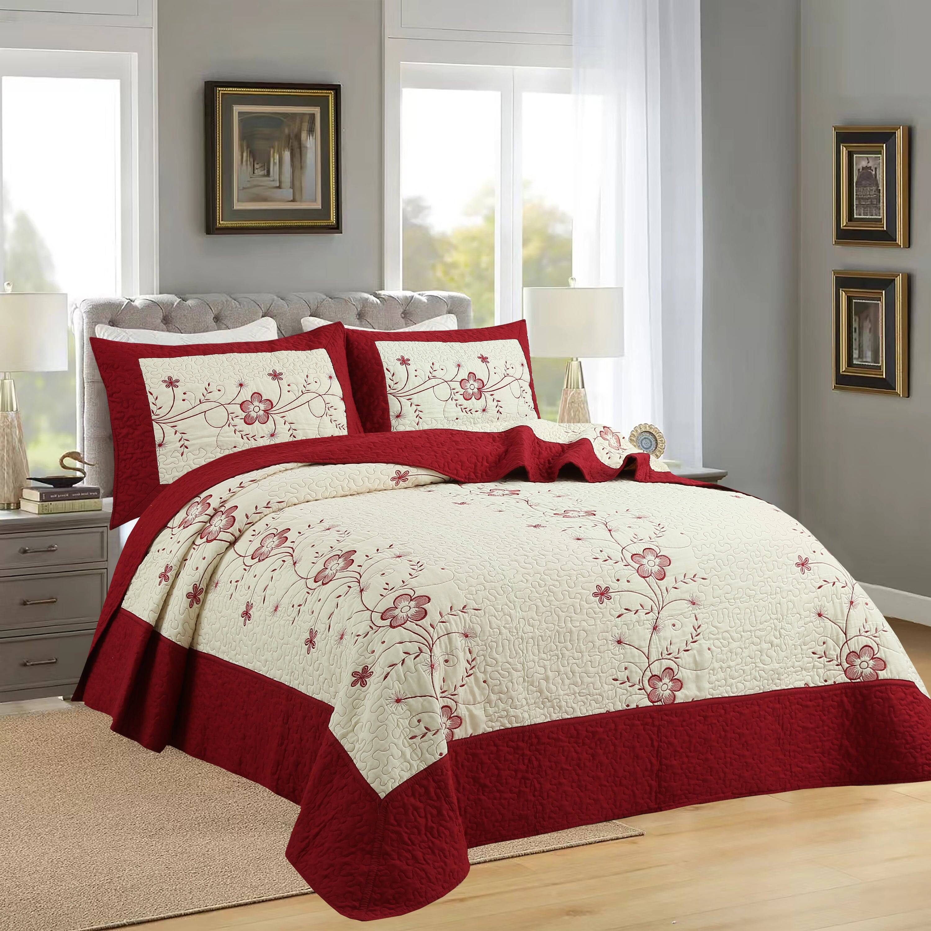 Angle. MarCielo - Marcielo 3 Piece Queen Size Embroidery Quilt Set Lightweight Bedspread Set Queen - Red and Cream.