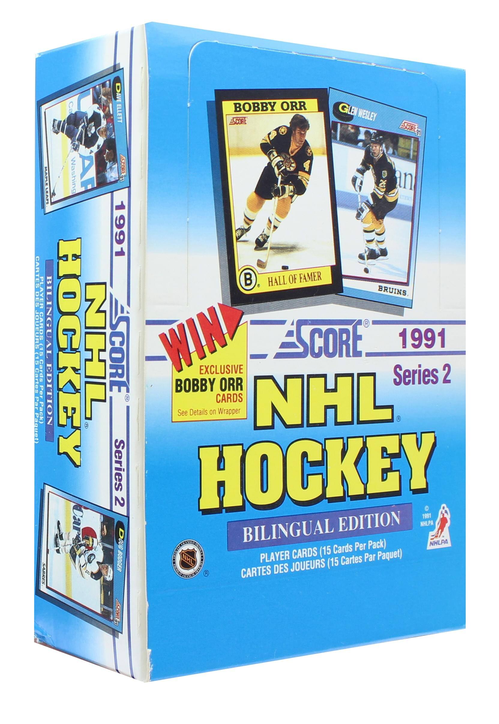 Sure, here is the corrected and grouped text from the image:

---

**NHL HOCKEY**  
**1991**  
**Series 2**  
**BILINGUAL EDITION**  
**PLAYER CARDS (15 Cards Per Pack)**  
**CARTE DES JOUEURS (15 Cartes Par Paquet)**  

**WIN!**  
**EXCLUSIVE BOBBY ORR CARDS**  
**See Details on Wrapper**  

**BOBBY ORR**  
**HALL OF FAMER**  
**BRUINS**  

**DAVE ELETT**  
**Washing**  

**GLEN WESLEY**  
**BRUINS**  

**SCORE**  
**1991**  

**NHLPA**  

---