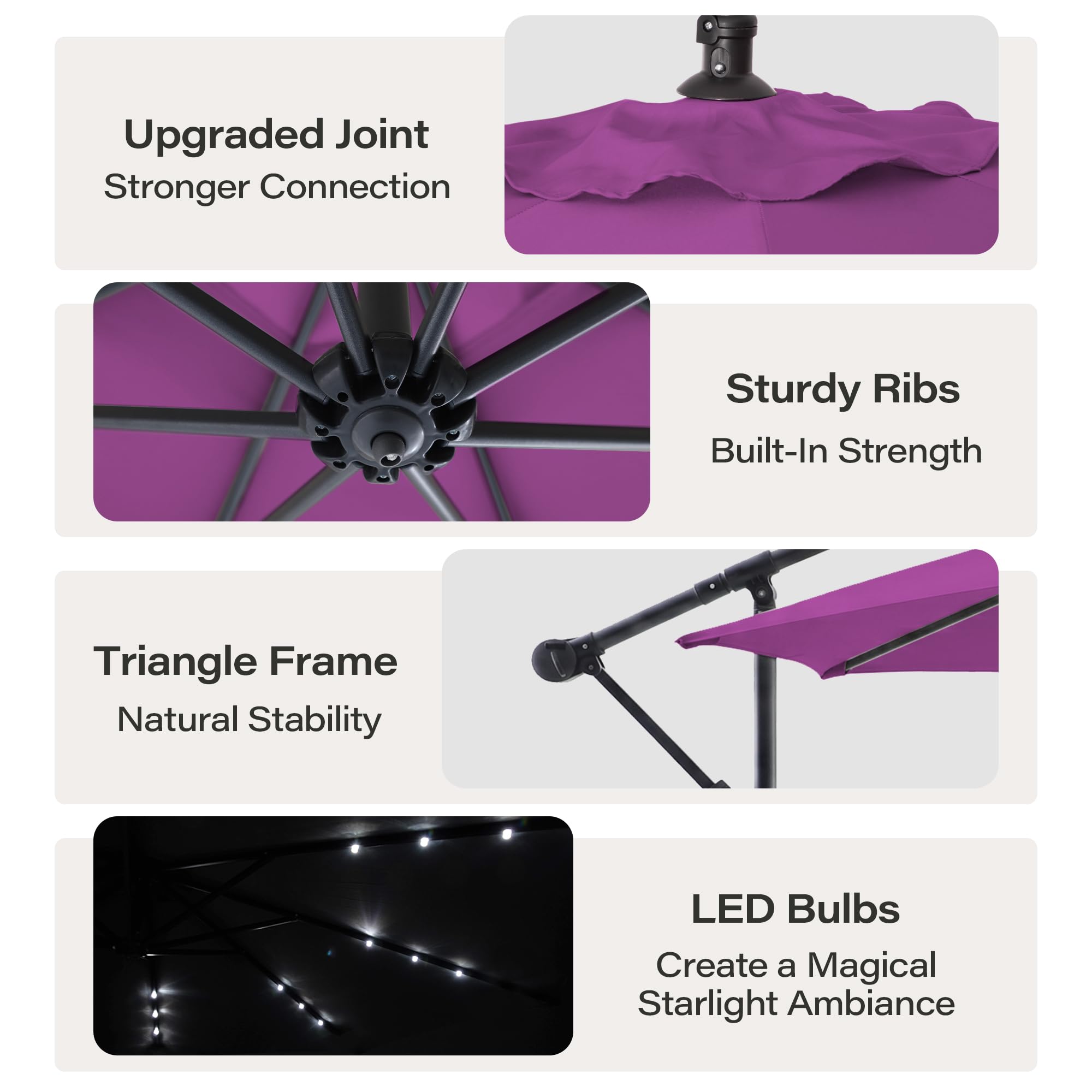 Upgraded Joint  
Stronger Connection

Sturdy Ribs  
Built-In Strength

Triangle Frame  
Natural Stability

LED Bulbs  
Create a Magical Starlight Ambiance