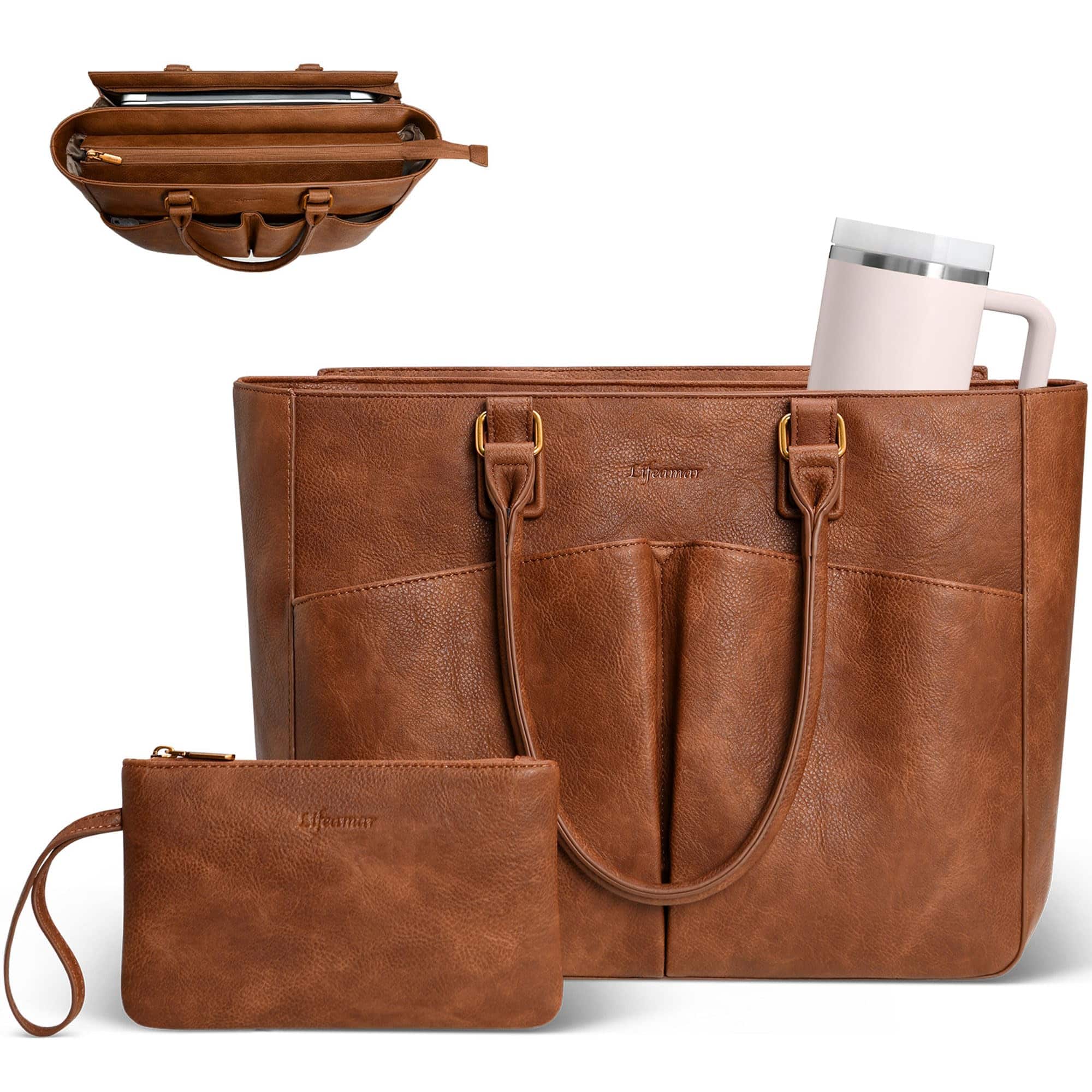 DORLUKFU - Laptop Tote Bag for Women Leather Work Bags, Vintage Tote Bag With Large Cup Holder, Large Capacity Teacher bag, 2ps - Brown