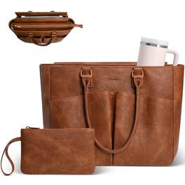 DORLUKFU - Laptop Tote Bag for Women Leather Work Bags, Vintage Tote Bag With Large Cup Holder, Large Capacity Teacher bag, 2ps - Brown