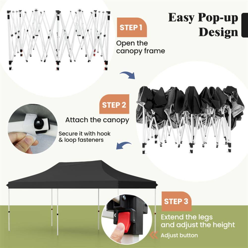 Easy Pop-up Design

STEP 1
Open the canopy frame

STEP 2
Attach the canopy
Secure it with hook & loop fasteners

STEP 3
Extend the legs and adjust the height
Adjust button
