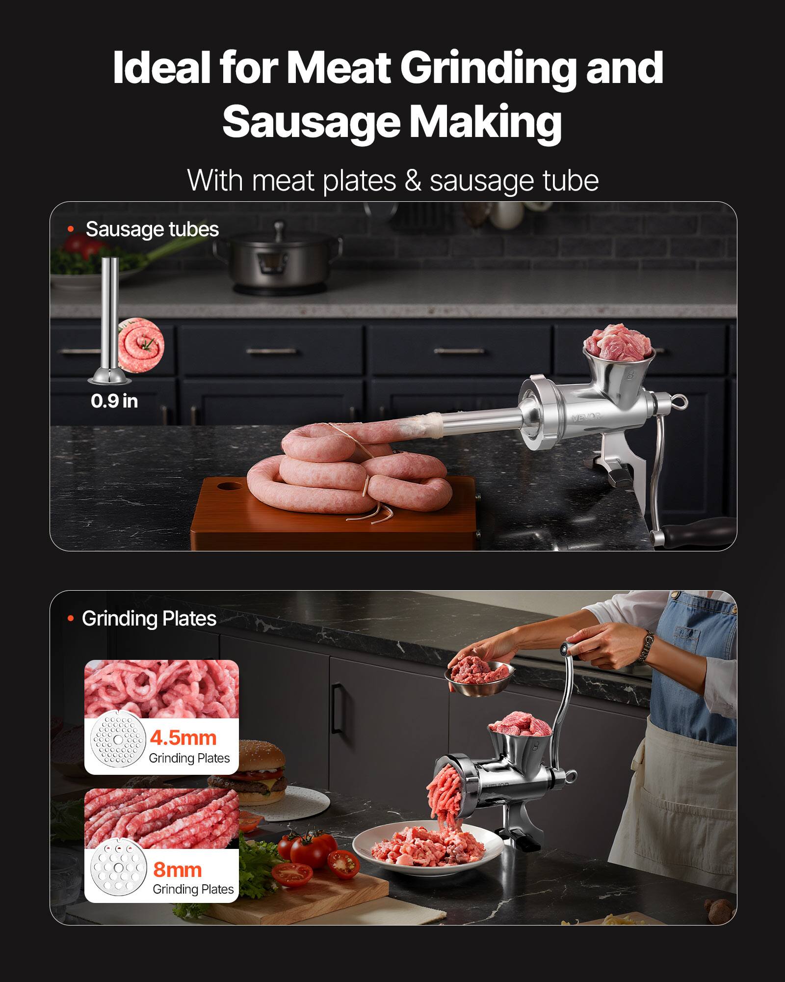 Ideal for Meat Grinding and Sausage Making

With meat plates & sausage tube

- Sausage tubes
  - 0.9 in

- Grinding Plates
  - 4.5mm Grinding Plates
  - 8mm Grinding Plates