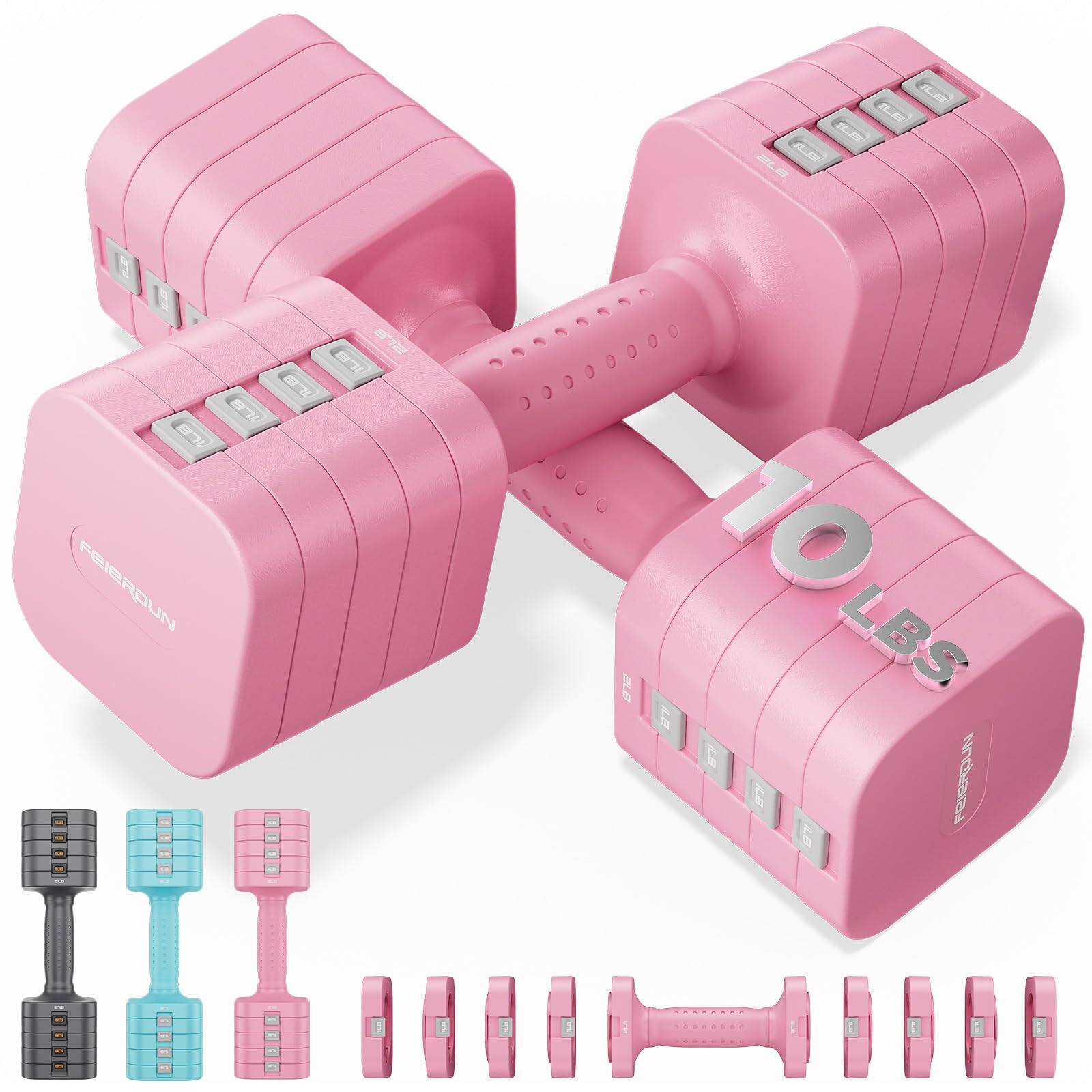 FEIERDUN - 5-in-1 Adjustable Dumbbell Set of 2, 20LBS Hand Weights for Women, 1s-Adjust Dual-Stable Dumbbell Set - Pink price history on PriceWatchPro