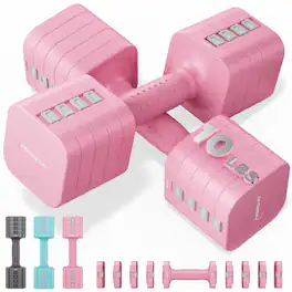 FEIERDUN - 5-in-1 Adjustable Dumbbell Set of 2, 20LBS Hand Weights for Women, 1s-Adjust Dual-Stable Dumbbell Set - Pink