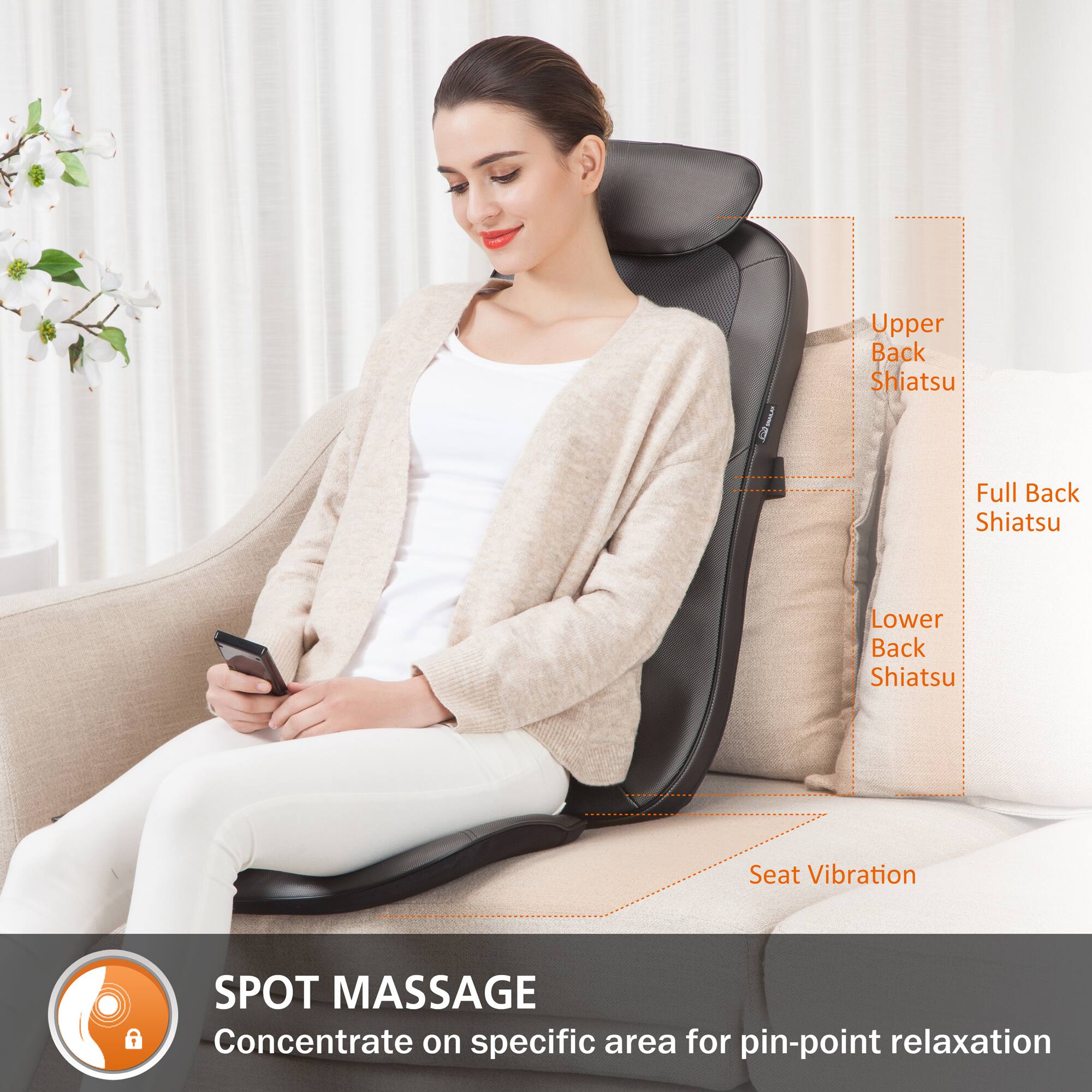 I Upper Back Shiatsu, Full Back Shiatsu, Lower Back Shiatsu, Seat Vibration, A SPOT MASSAGE Concentrate on specific area for pin-point relaxation.