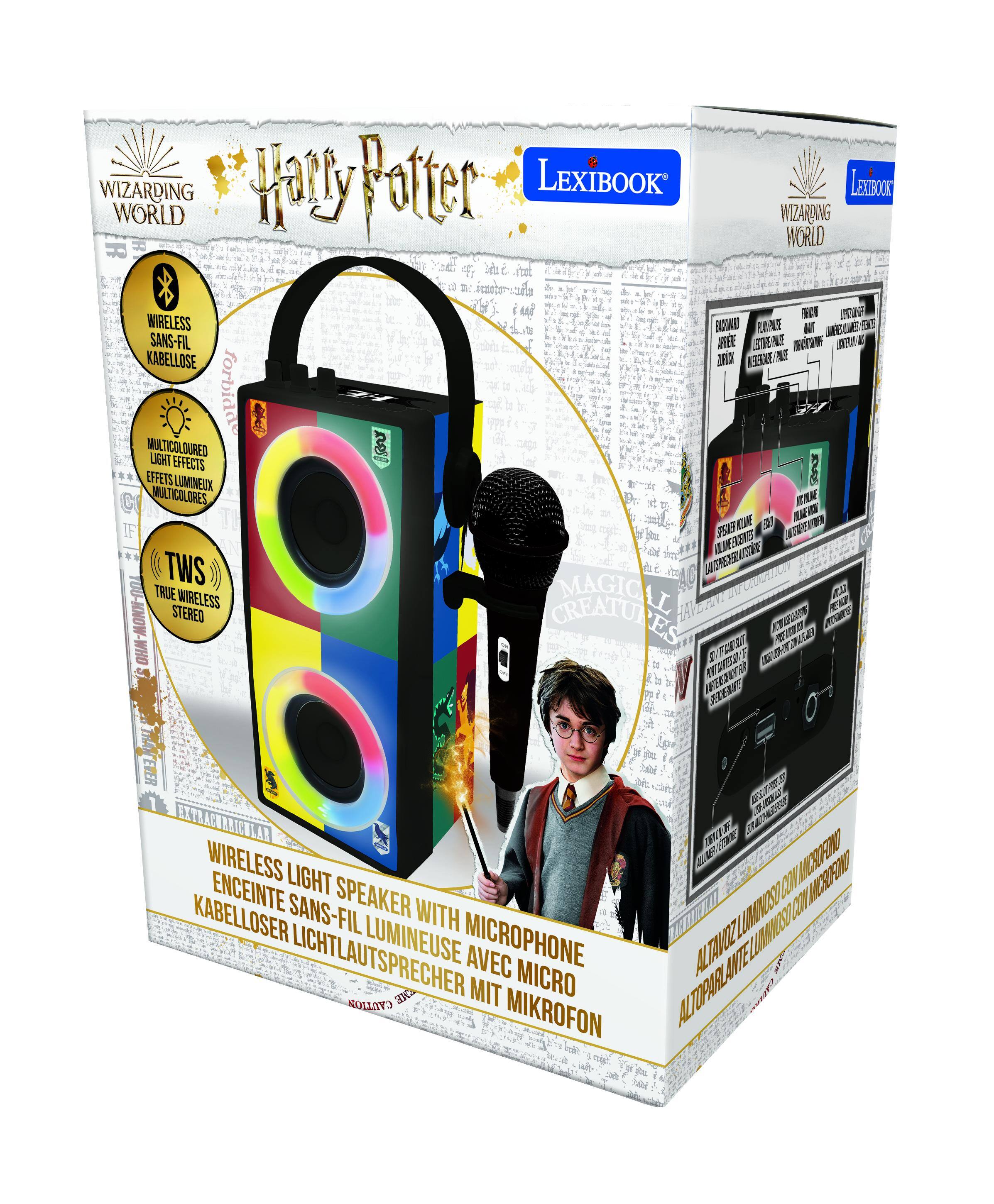 WIZARDING WORLD  
Harry Potter  
LEXIBOOK  

WIRELESS  
SANS-FIL  
KABELLOSE  

MULTICOLURED LIGHT EFFECTS  
EFFETS LUMINEUX MULTICOLORES  

TWS  
TRUE WIRELESS STEREO  

WIRELESS LIGHT SPEAKER WITH MICROPHONE  
ENCEINTE SANS-FIL LUMINEUSE AVEC MICRO  
KABELLOSER LICHTLAUTSPRECHER MIT MIKROFON
