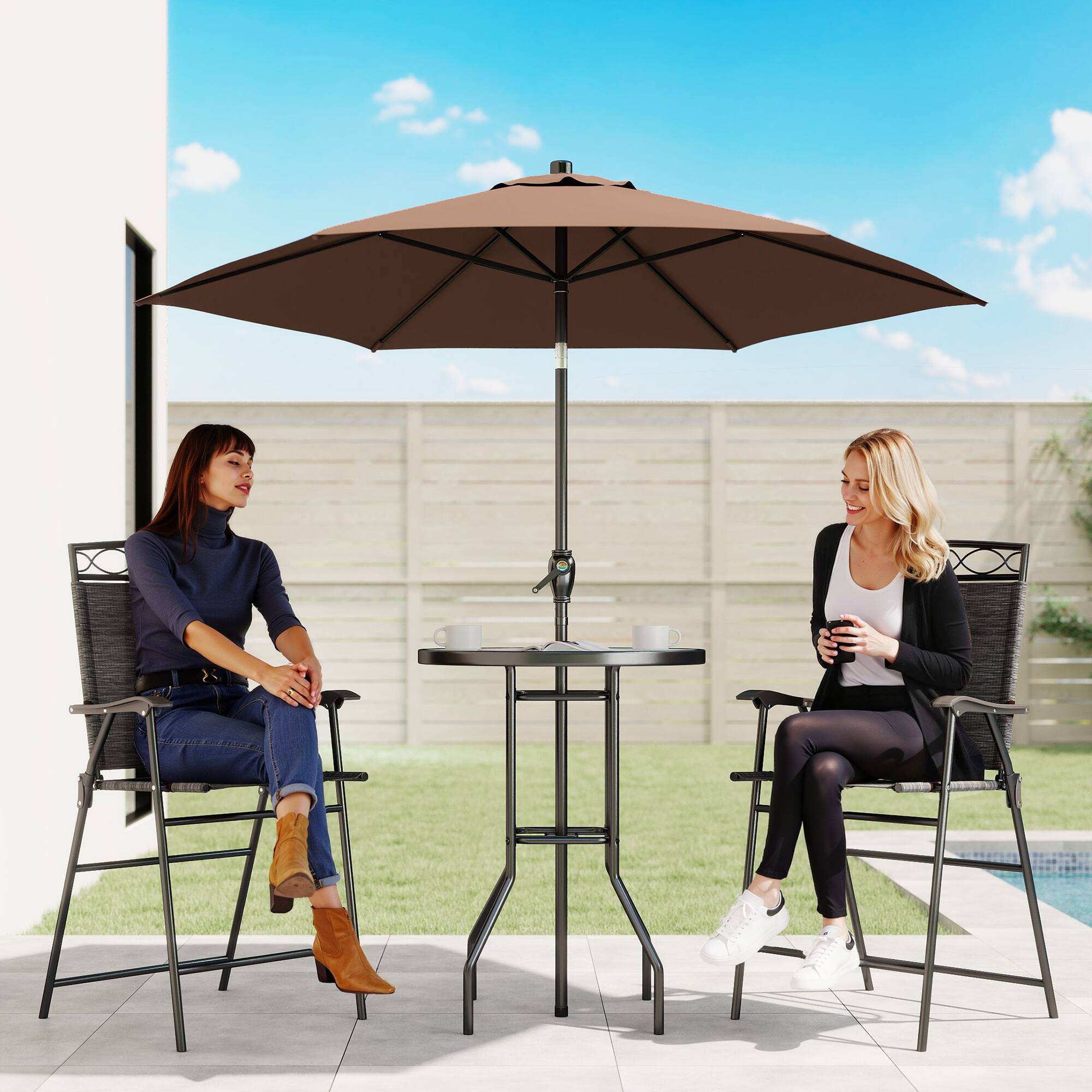 Alt View 1. Outsunny - Piece Outdoor Bar Set with Umbrella, Patio Dining Set with 2 Folding Chairs - Black.