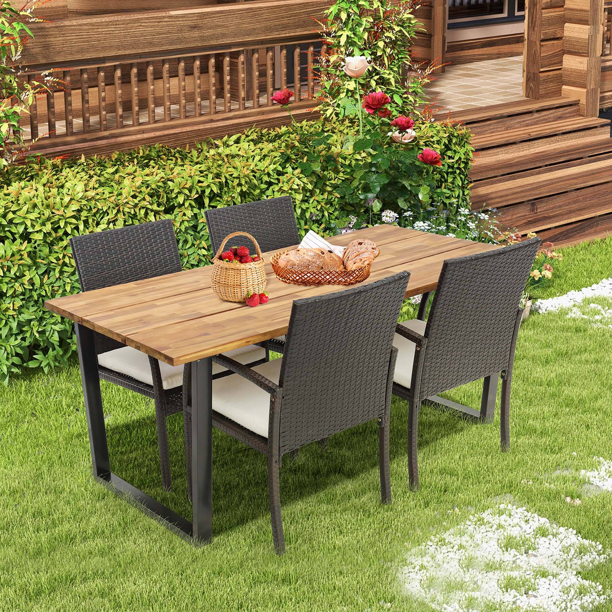 Alt View 1. Costway - Costway 5 PCS Patio Rattan Dining Set Acacia Wood Table 4 Wicker Chairs with Umbrella Hole - Mix Brown/Off White/Natural/Black.