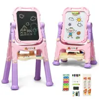 Costway - Height Adjustable Kids Art Easel Magnetic Double Sided Board with Accessories - Pink - Front_Zoom
