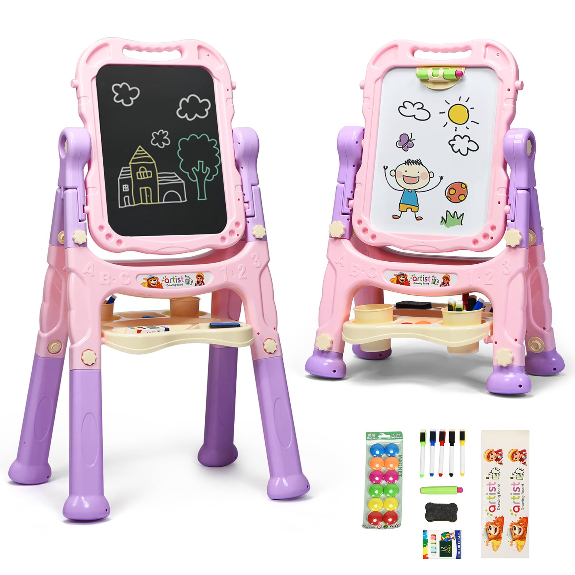 Costway - Height Adjustable Kids Art Easel Magnetic Double Sided Board with Accessories - Pink