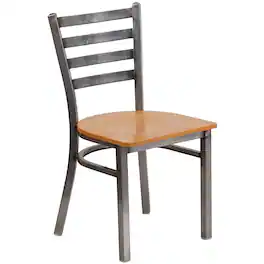 Flash Furniture - HERCULES Series Silver Antique Finish with Clear Coat Ladder Back Metal Restaurant Chair - Wood Seat - Natural