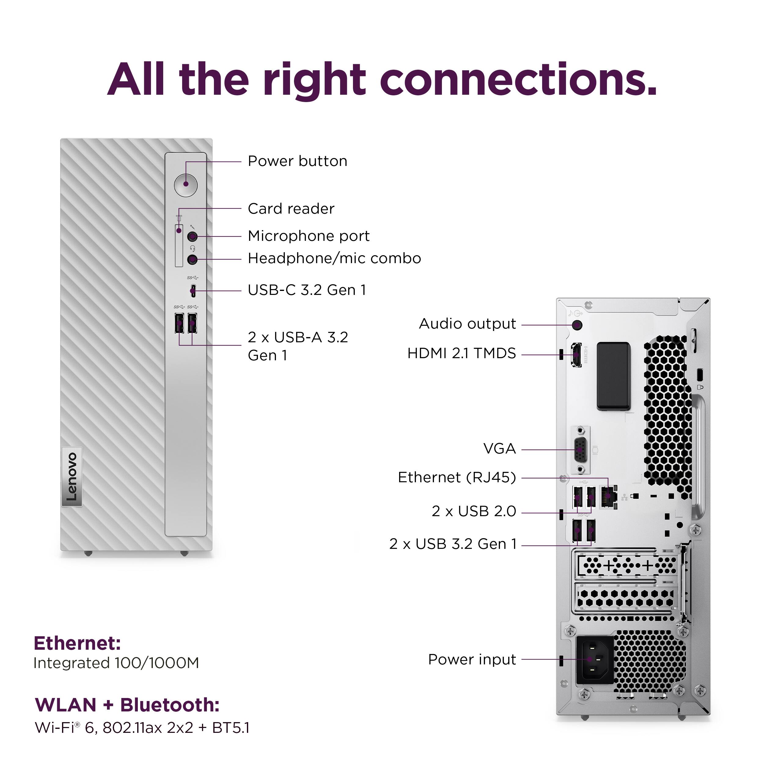 All the right connections. Power button, Card reader, Microphone port, Headphone/mic combo, N USB-C 3.2 Gen 1, 1 - 2 x USB-A 3.2 Gen 1, Audio output, HDMI 2.1, TMDS, Lenovo VGA, Ethernet (RJ45), 2 x USB 2.0, 2 x USB 3.2 Gen 1, Ethernet: Integrated 100/1000M, Power input, WLAN + Bluetooth: Wi-Fi 6, 802.11ax 2x2 + BT5.1.