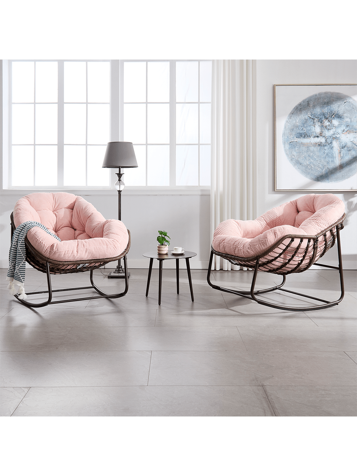 Trinkets Crazed - Outdoor Indoor Rocking Chair Set Of 2, Oversized Patio Papasan Rocking Egg Chair With Padded Cushion - Pink