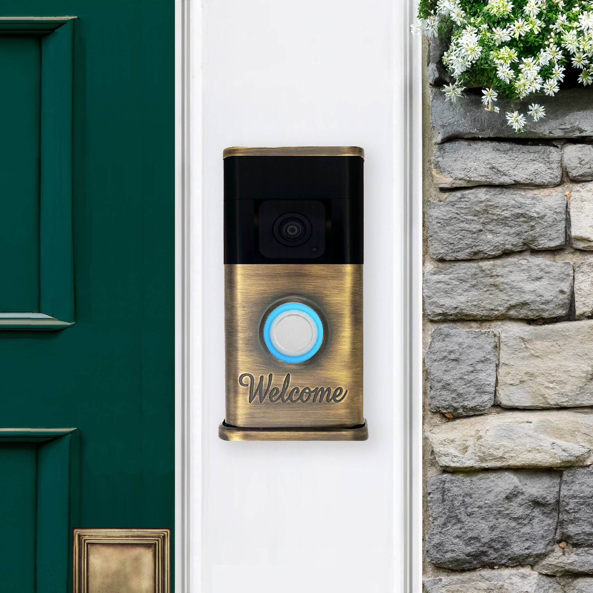 Alt View 3. Michael Healy - Welcome Video Doorbell Cover (Ring 3, 3 Plus, 4, Battery Plus, Battery Pro) - Antique Brass.
