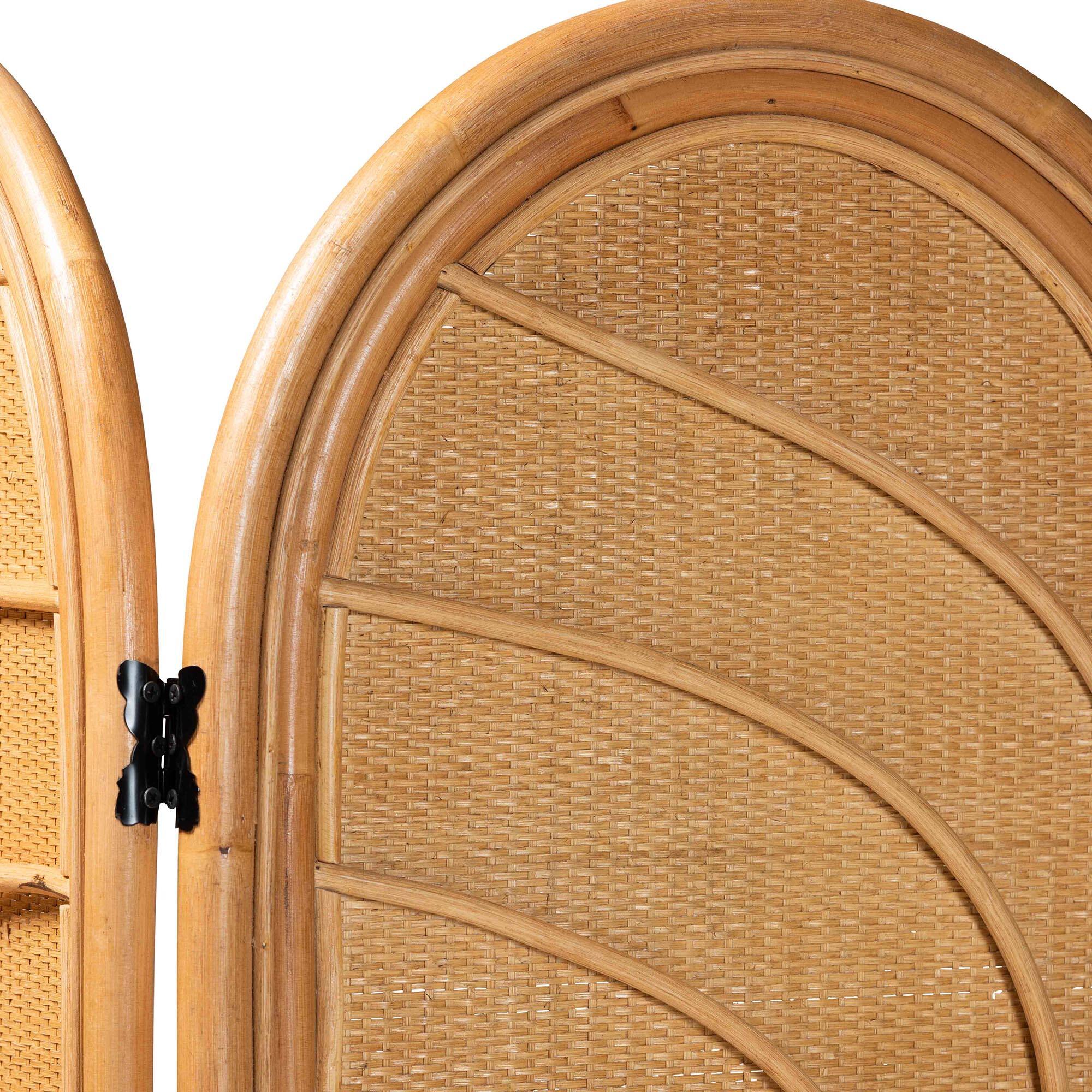 Left. bali & pari - Kiyoko Natural Rattan Room Divider - Handwoven Wicker Tri-Fold Decorative Privacy Screen with Woven Leaf Motif - Light Honey.