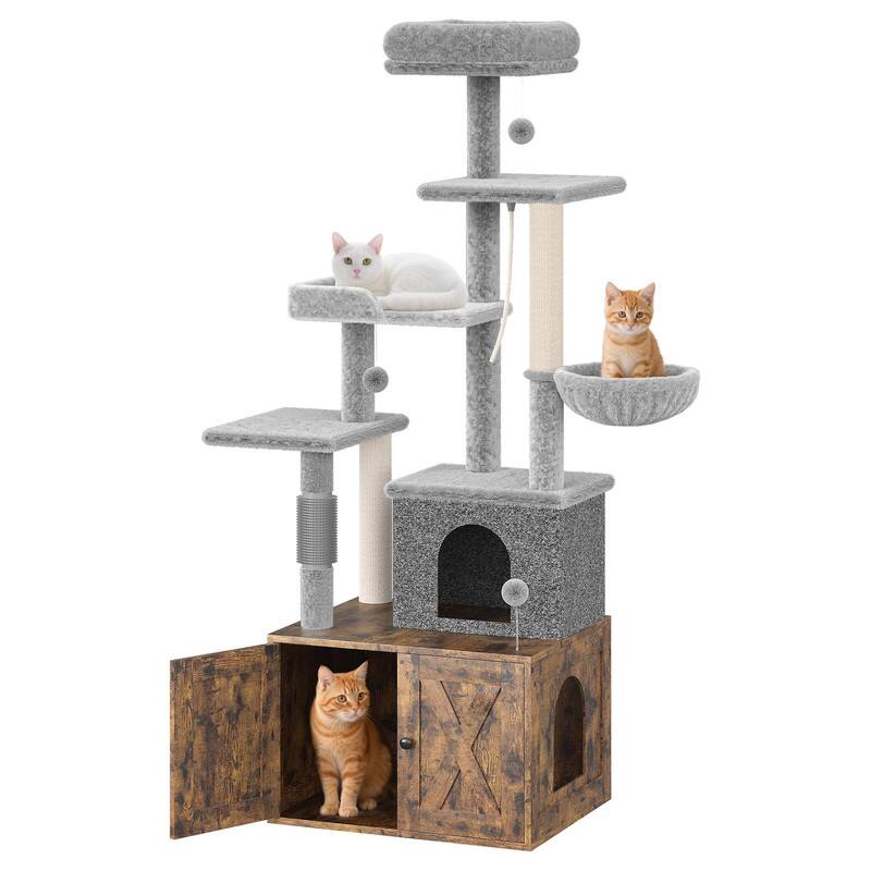 GARVEE - All-in-One Cat Tree w/Litter Box Enclosure - Modern Cat Tower w/Scratching Posts, Hammock, Condo & Hidden Storage - Brown
