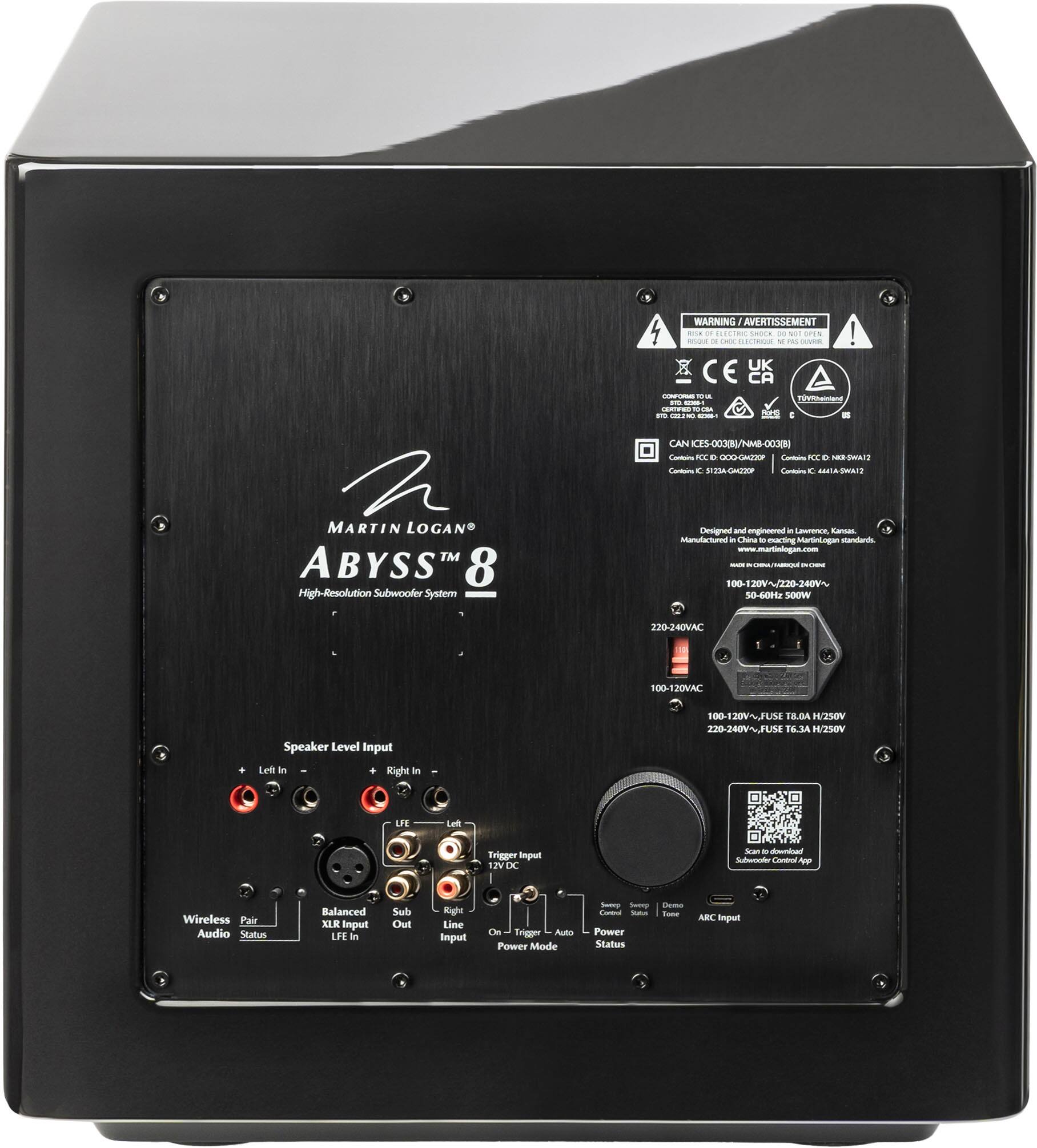Warning: This product is designed and engineered in China.

Martin Logan Abyss 8 High-Resolution Subwoofer System
Designed and engineered by MartinLogan and manufactured in China.

002Z/A0E1-001 10-60Hz 200W 220-240VAC 100-120VAC
Speaker Level Input Left and Right in 100-120V AC
18.DA H/250V 220-240V AC 100-120V AC
LFE Input Subwoofer Trigger Input 12V DC
Subwoofer App Wireless Pair Audio Status
Balanced XLR Input LFE in Sub Cul Kight Line Input
On Trigger Auto Power Mode
Power Status - ARC Input

This is a black box with a Martin Logan Abyss 8 subwoofer system. It features a speaker level input for both left and right channels, as well as an LFE input for a subwoofer trigger. The system also has a wireless pairing feature and a balanced XLR input. The power status is indicated by an ARC input, and the system has an auto power mode.