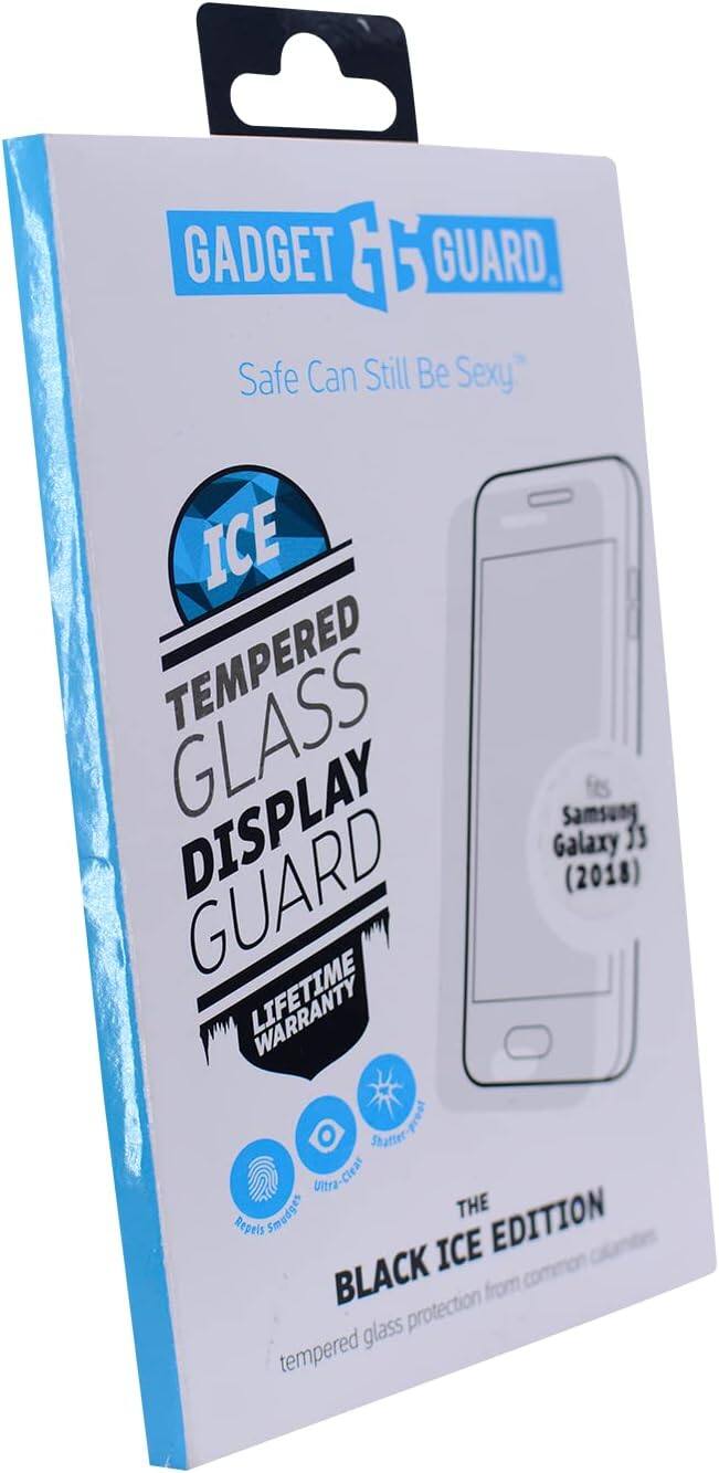 GADGET GUARD  
Safe Can Still Be Sexy  
ICE TEMPERED GLASS DISPLAY GUARD  
LIFETIME WARRANTY  
Fits Samsung Galaxy J5 (2018)  
THE BLACK ICE EDITION  
tempered glass protection from common scratches