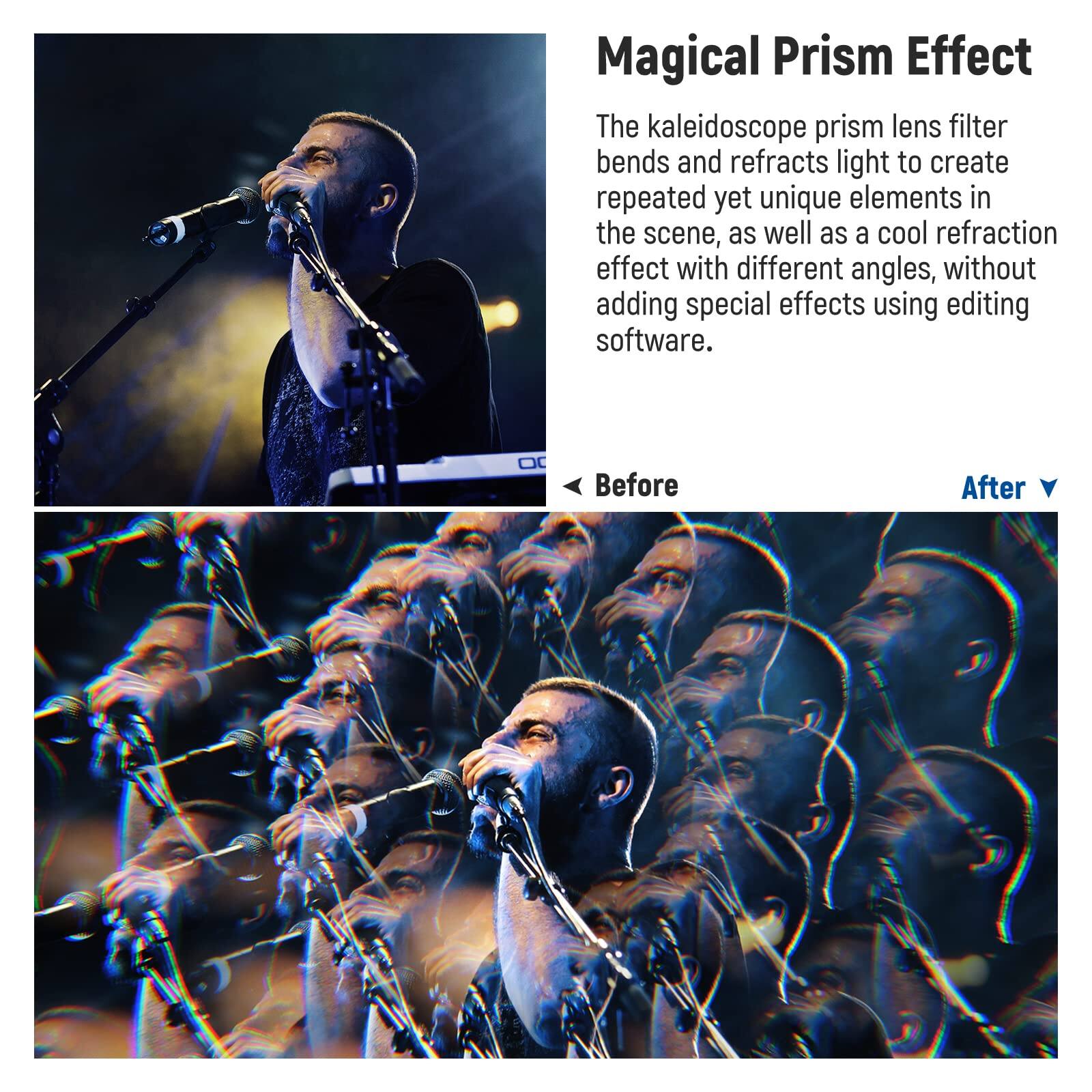 Magical Prism Effect

The kaleidoscope prism lens filter bends and refracts light to create repeated yet unique elements in the scene, as well as a cool refraction effect with different angles, without adding special effects using editing software.

Before

After