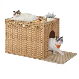 Songmics Home - Cat Litter Box Enclosure, Handwoven Rattan Hidden Litter Box Furniture with Extra Litter Mat, Removable Washable Tray - Goose Yellow