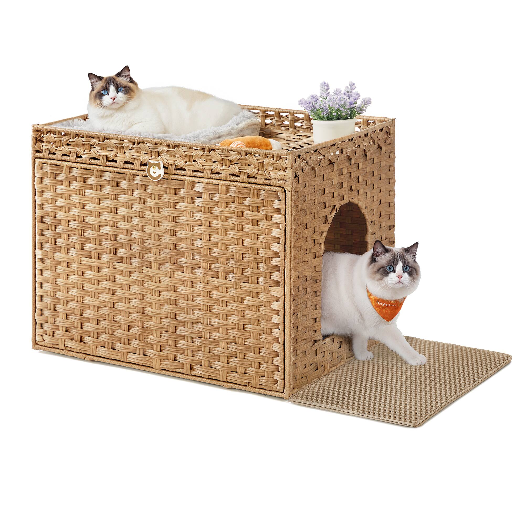 Front. Songmics Home - Cat Litter Box Enclosure, Handwoven Rattan Hidden Litter Box Furniture with Extra Litter Mat, Removable Washable Tray - Goose Yellow.