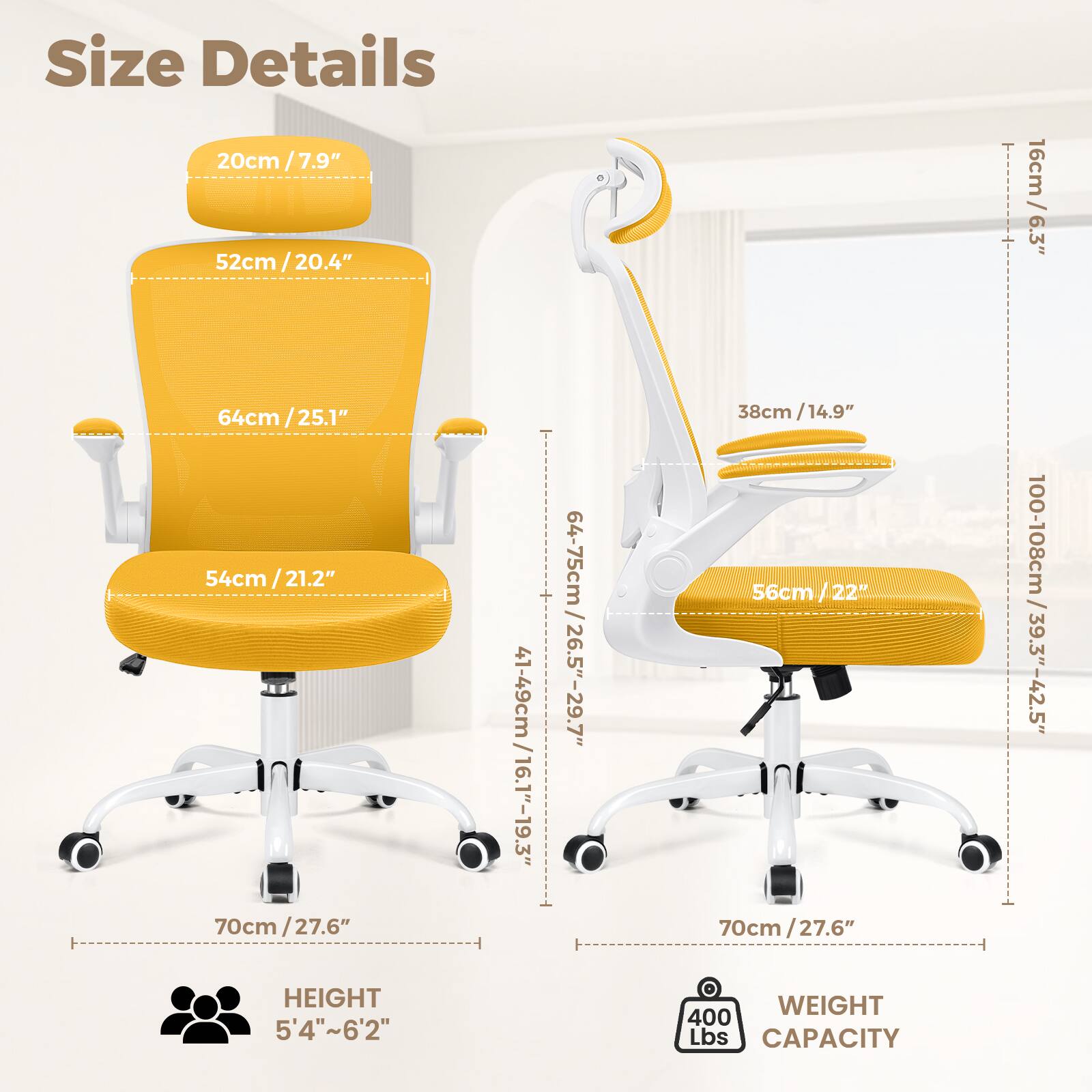 Size Details

- 20cm / 7.9"
- 52cm / 20.4"
- 64cm / 25.1"
- 54cm / 21.2"
- 38cm / 14.9"
- 56cm / 22"
- 70cm / 27.6"
- 41-49cm / 16.1"-19.3"
- 64-75cm / 25.5"-29.7"
- 100-108cm / 39.3"-42.5"
- 16cm / 6.3"

HEIGHT: 5'4" ~ 6'2"

WEIGHT CAPACITY: 400 Lbs