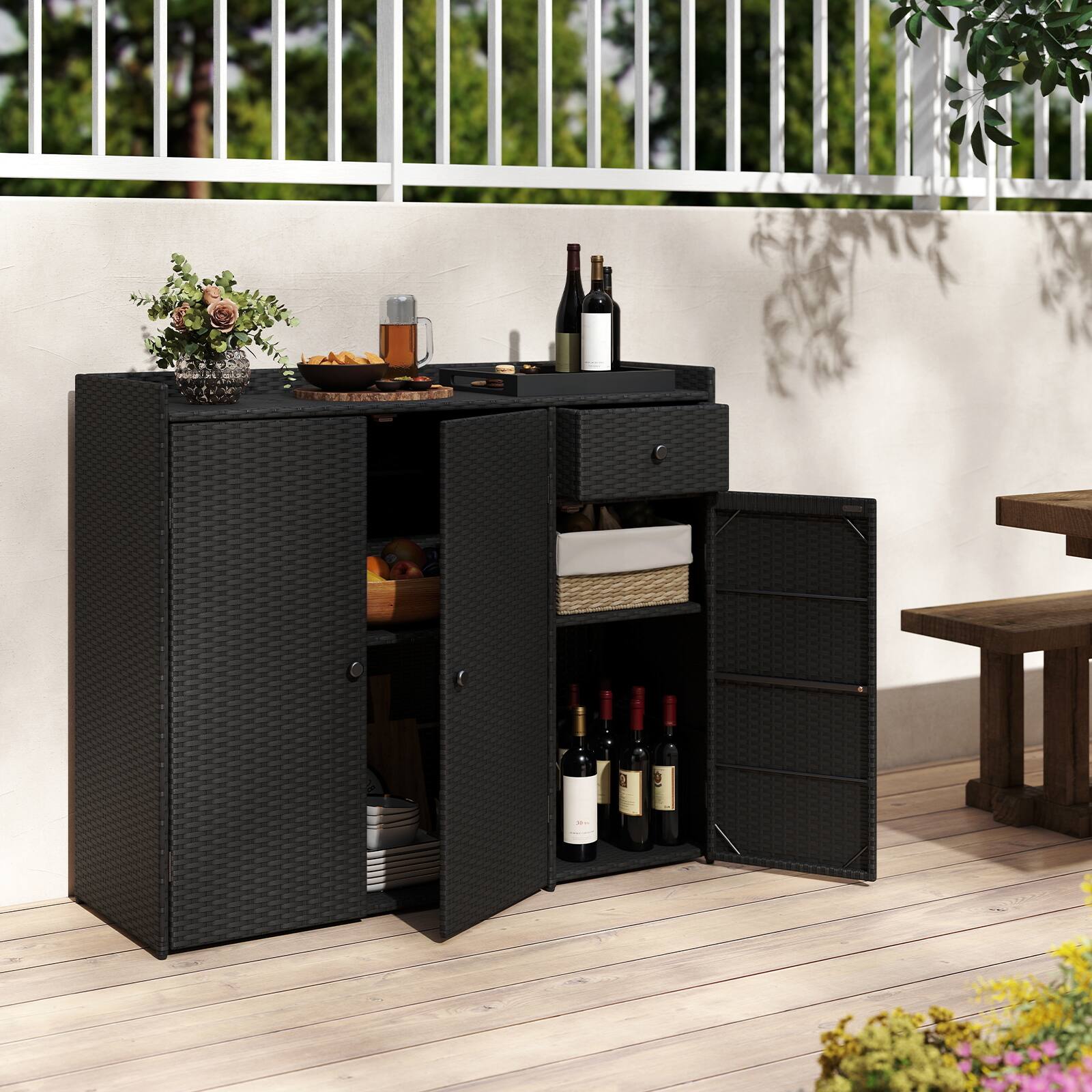 Alt View 3. Costway - Costway Outdoor PE Wicker Storage Cabinet with 3 Doors Adjustable Shelves and Drawer - Mix Black.