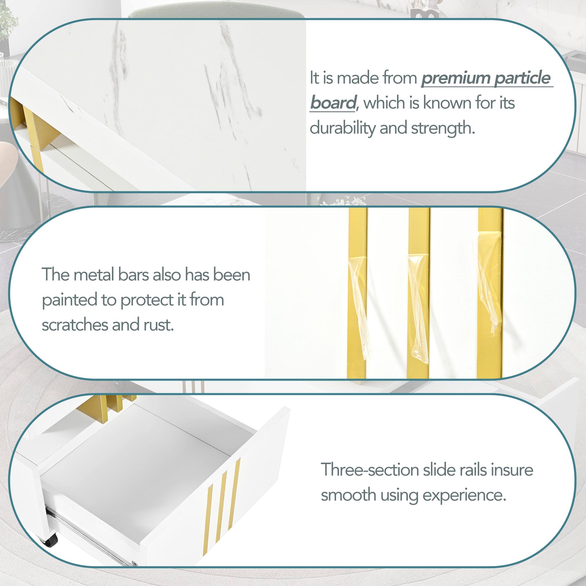 It is made from premium particle board, which is known for its durability and strength.

The metal bars also have been painted to protect it from scratches and rust.

Three-section slide rails ensure smooth using experience.