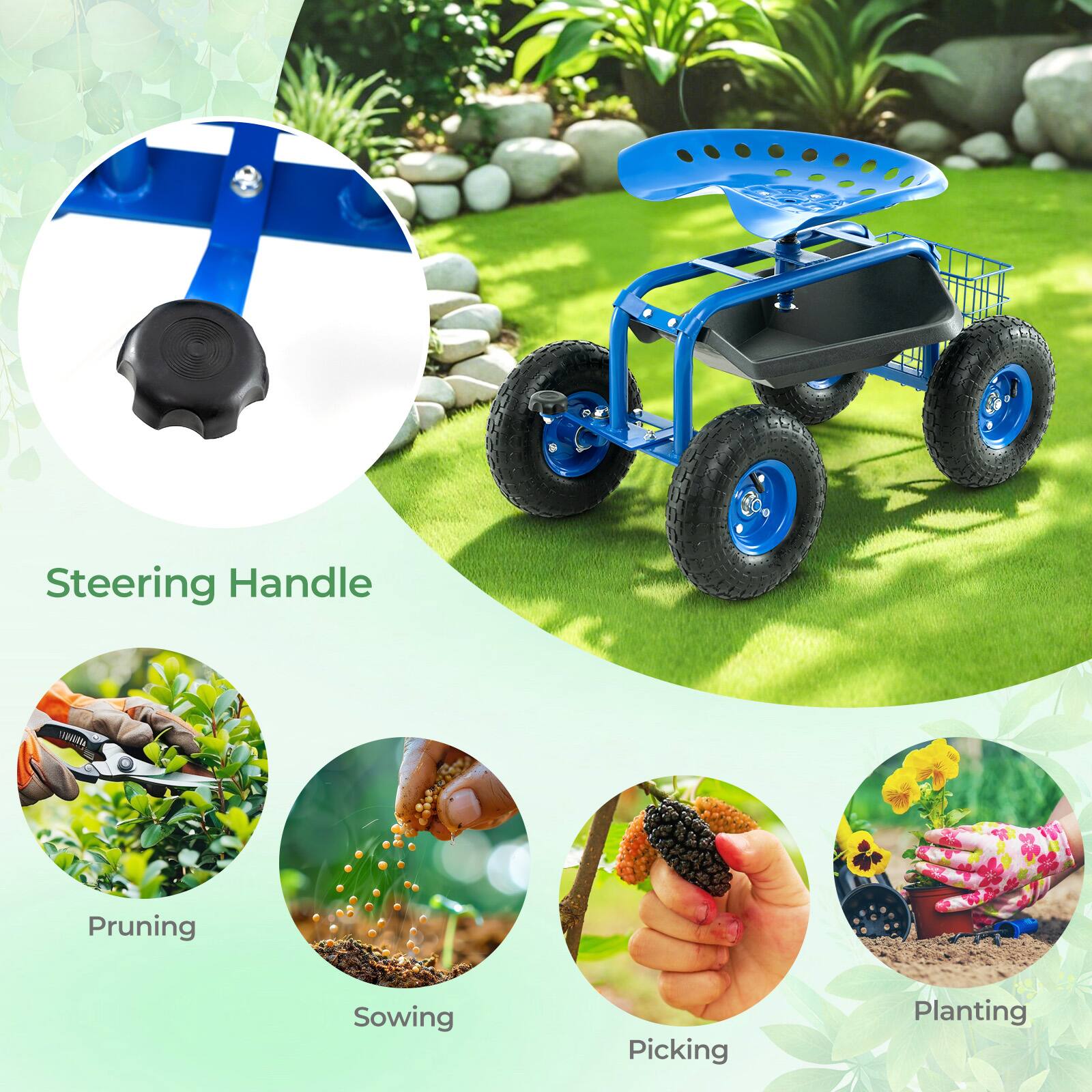 - Steering Handle
- Pruning
- Sowing
- Picking
- Planting