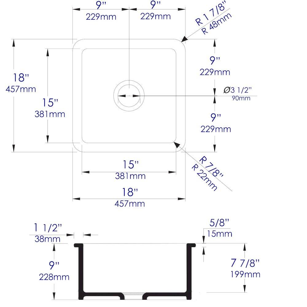 Sure, here is the corrected and grouped text from the image:

- 9" 229mm
- 9" 229mm
- 1 7/8" R 48mm
- 18" 457mm
- 15" 381mm
- 9" 229mm
- 03 1/2" 90mm
- 9" 229mm
- 15" 381mm
- 18" 457mm
- R 7/8" 22mm
- 1 1/2" 38mm
- 5/8" 15mm
- 9" 228mm
- 7 7/8" 199mm

- 9" 229mm
- 9" 229mm
- 18" 457mm
- 15" 381mm
- 9" 229mm
- 03 1/2" 90mm
- 9" 