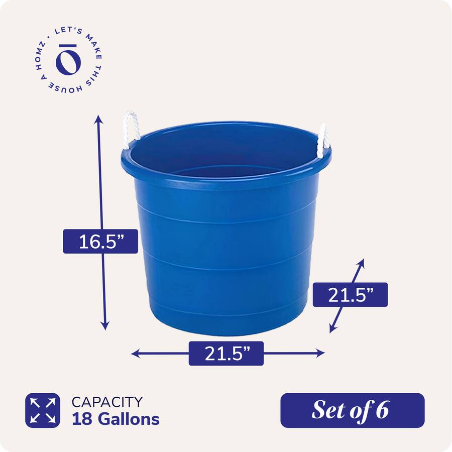 Homz 18 Gal Plastic Open Storage Round Utility Tub with Handles, (3 ...