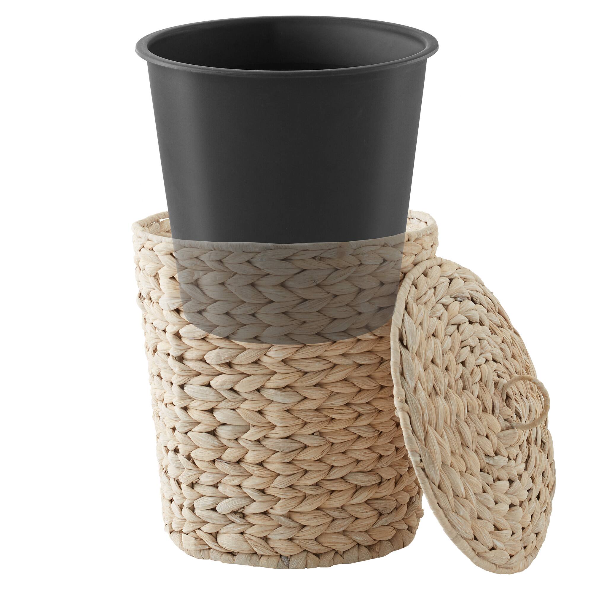 Alt View 2. Casafield - Water Hyacinth Waste Basket with Lid - Woven Trash Can - Whitewash.